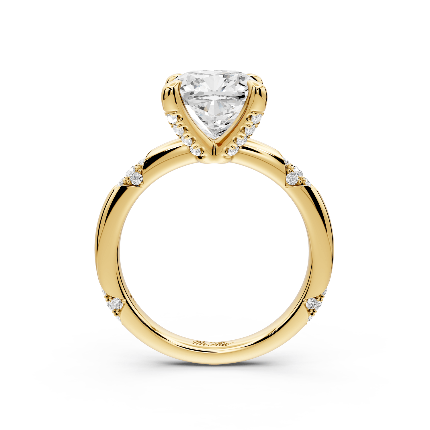 Luna - 3ct 18k yellow gold cushion Diamond Crown with Flush - Set Diamond Clusters Engagement Ring - Mr. Alex Jewelry