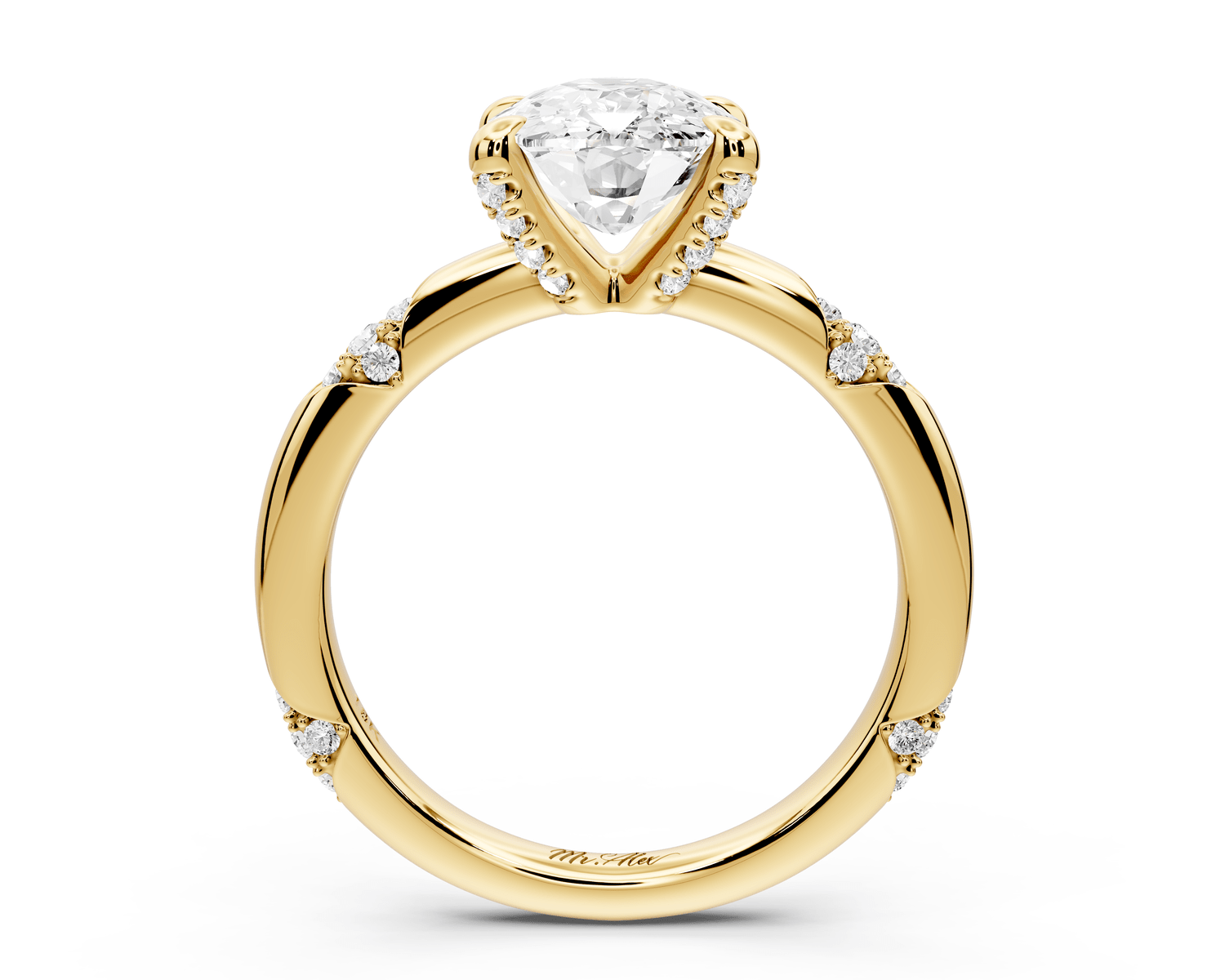 Luna - 3ct 18k yellow gold ecushion Diamond Crown with Flush - Set Diamond Clusters Engagement Ring - Mr. Alex Jewelry