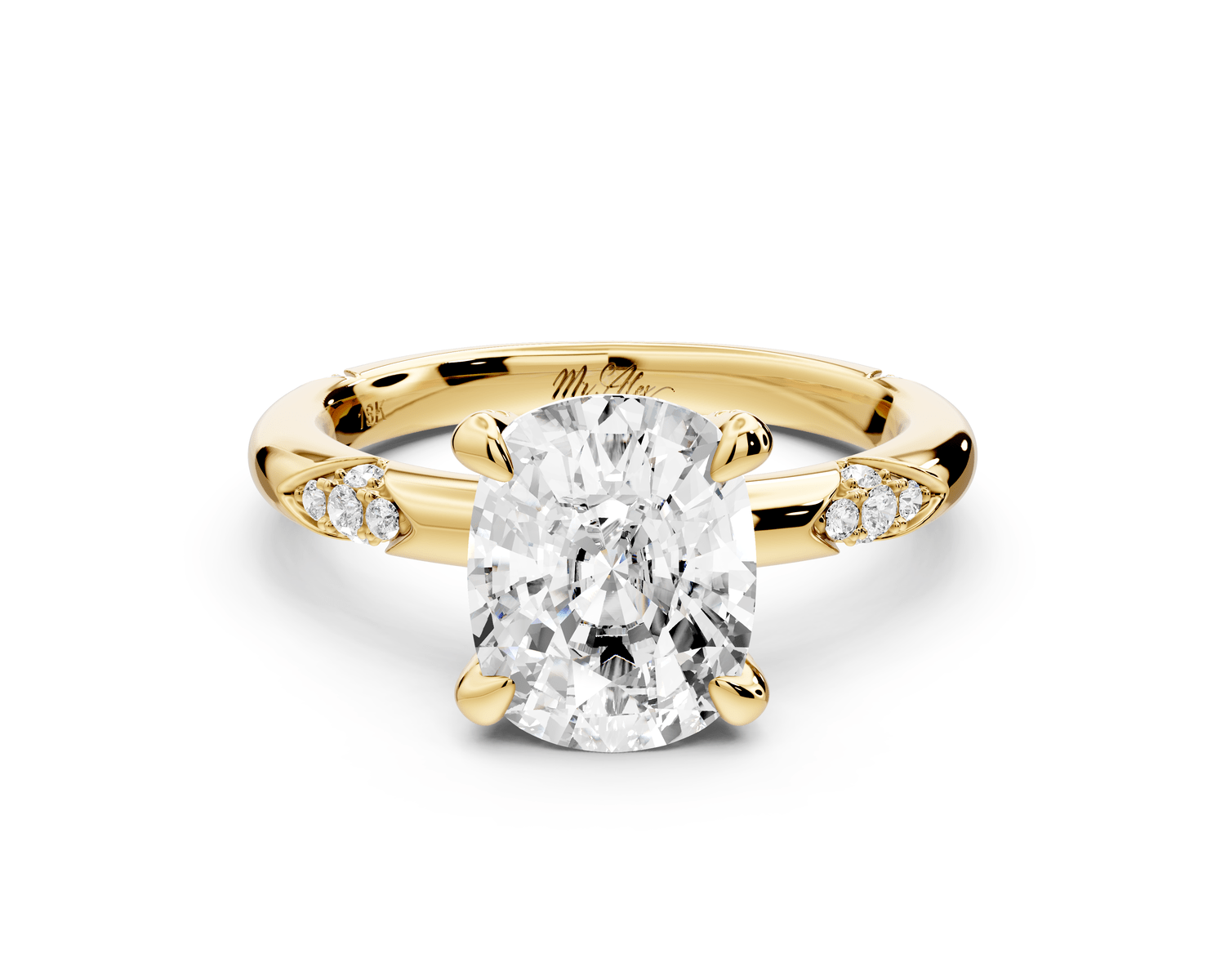 Luna - 3ct 18k yellow gold ecushion Diamond Crown with Flush - Set Diamond Clusters Engagement Ring - Mr. Alex Jewelry