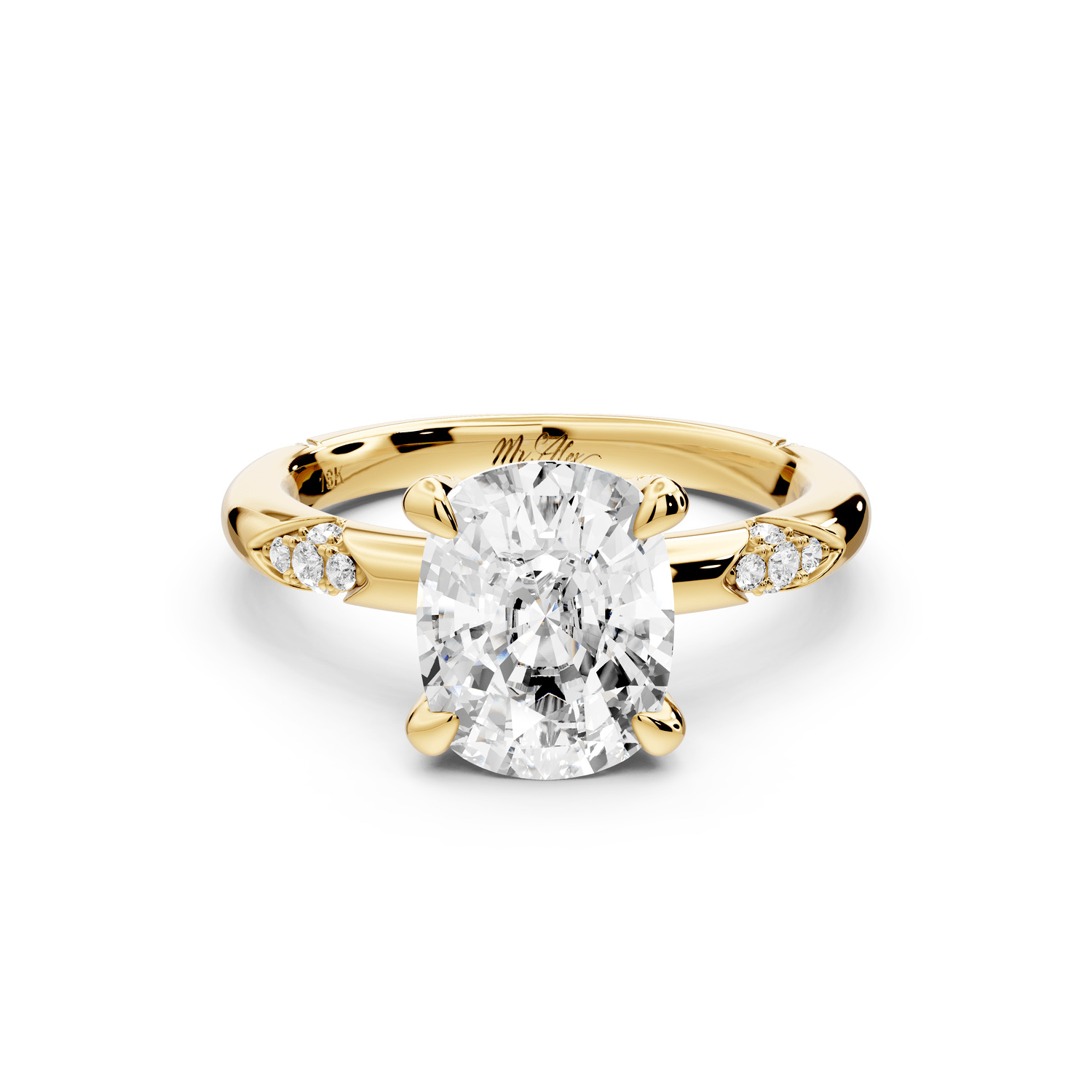 Luna - 3ct 18k yellow gold ecushion Diamond Crown with Flush - Set Diamond Clusters Engagement Ring - Mr. Alex Jewelry