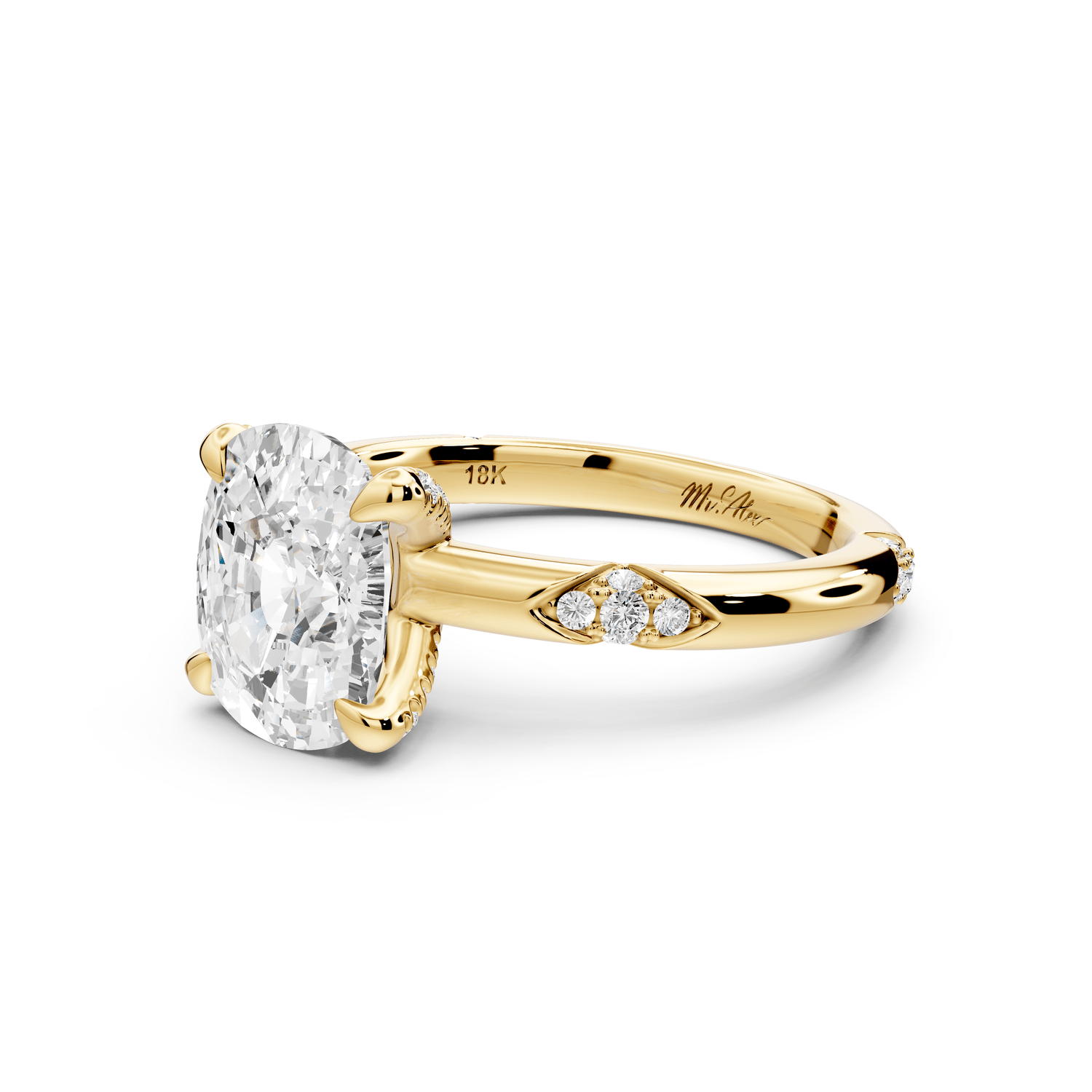Luna - 3ct 18k yellow gold ecushion Diamond Crown with Flush - Set Diamond Clusters Engagement Ring - Mr. Alex Jewelry