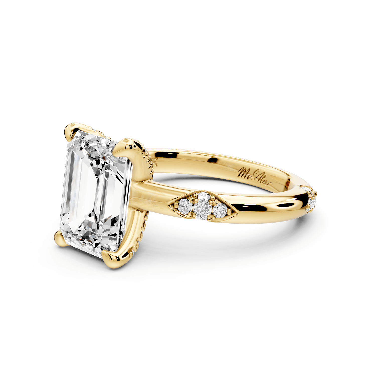 Luna - 3ct 18k yellow gold emerald Diamond Crown with Flush - Set Diamond Clusters Engagement Ring - Mr. Alex Jewelry