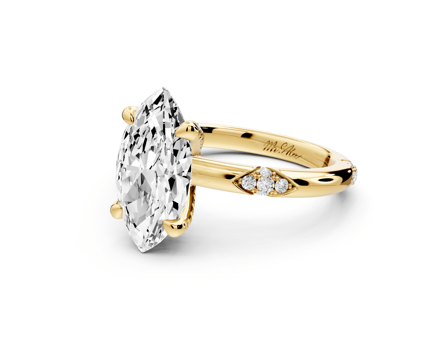 Luna - 3ct 18k yellow gold marquise Diamond Crown with Flush - Set Diamond Clusters Engagement Ring - Mr. Alex Jewelry