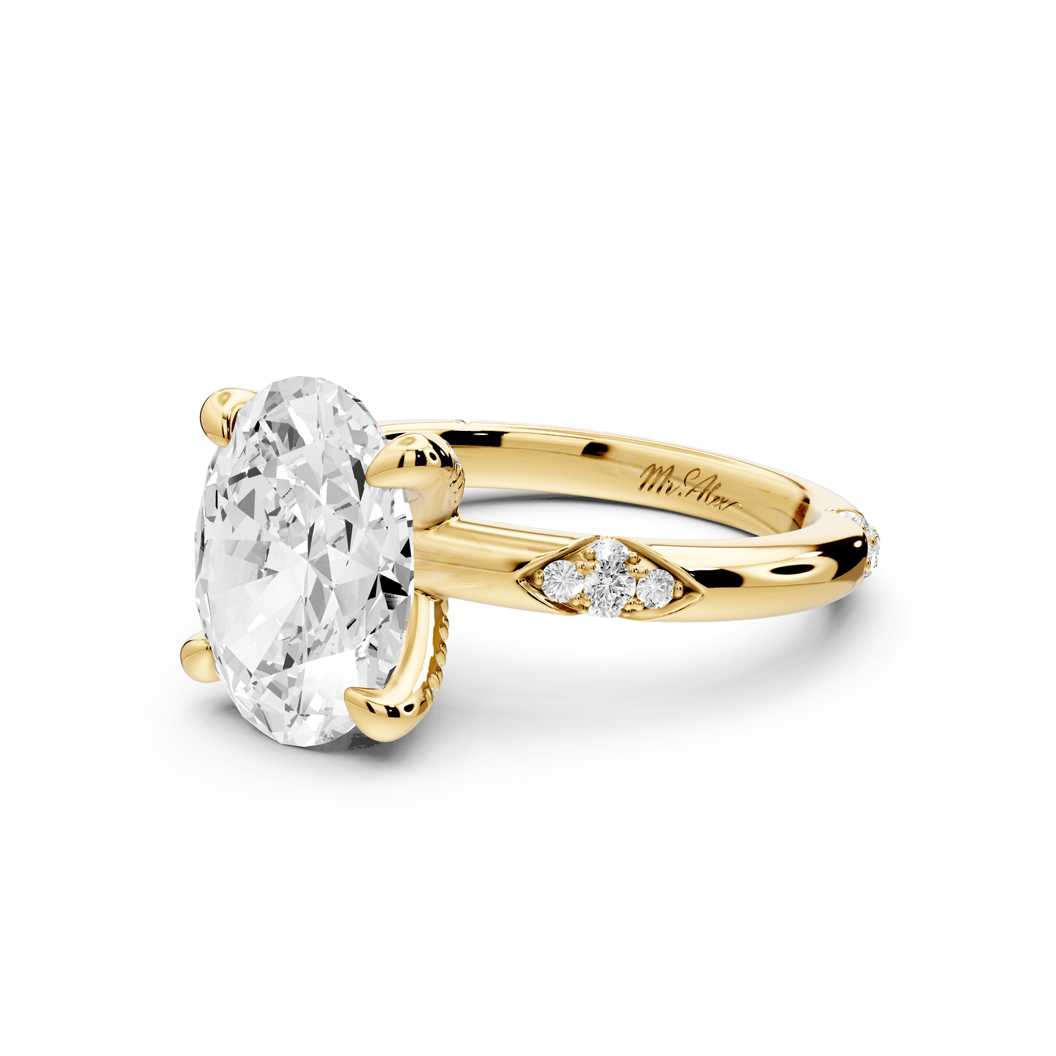 Luna - 3ct 18k yellow gold oval Diamond Crown with Flush - Set Diamond Clusters Engagement Ring - Mr. Alex Jewelry