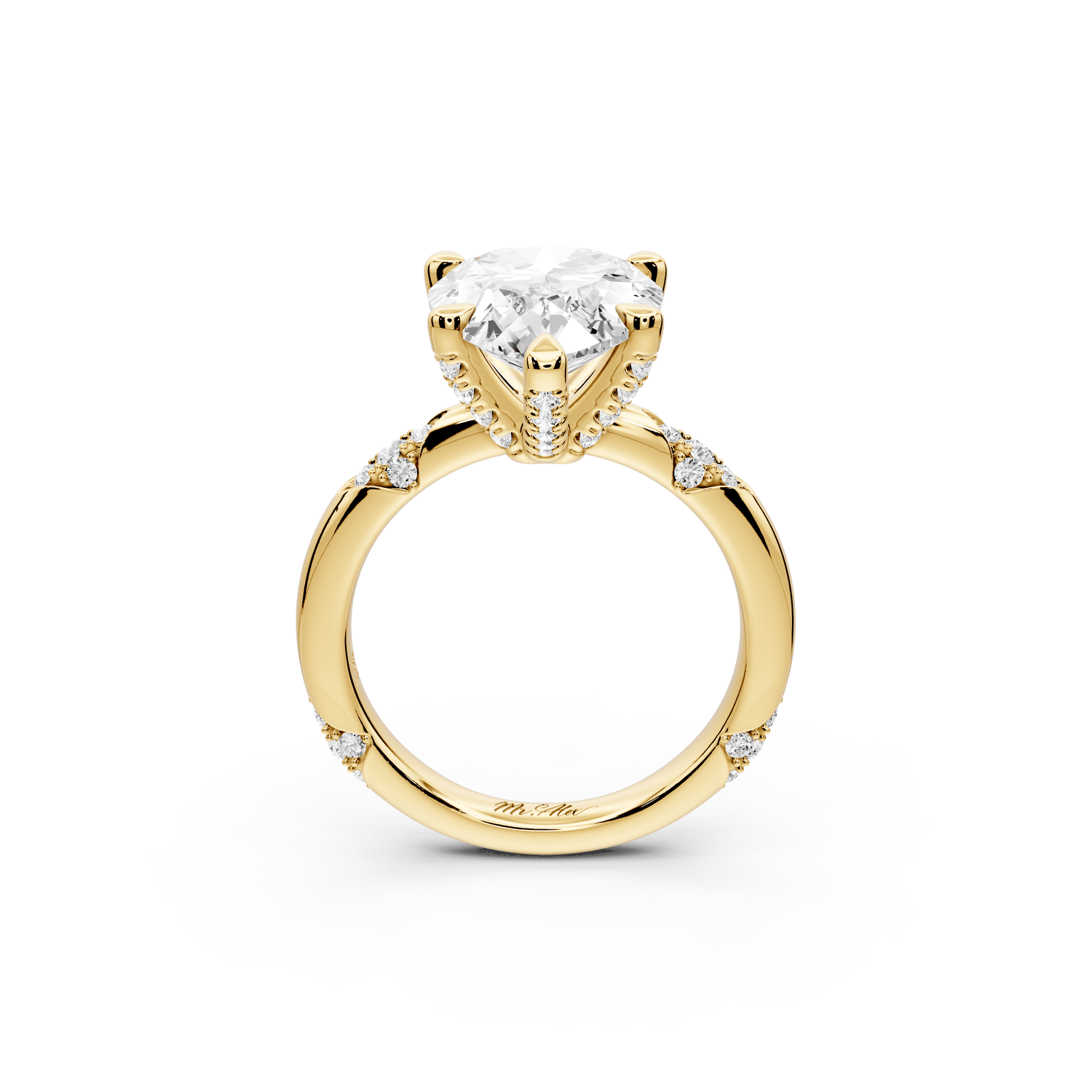 Luna - 3ct 18k yellow gold pear Diamond Crown with Flush - Set Diamond Clusters Engagement Ring - Mr. Alex Jewelry