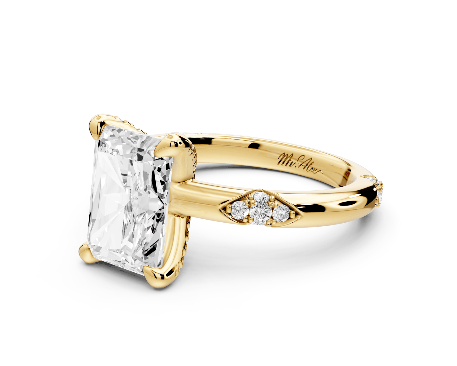 Luna - 3ct 18k yellow gold radiant Diamond Crown with Flush - Set Diamond Clusters Engagement Ring - Mr. Alex Jewelry
