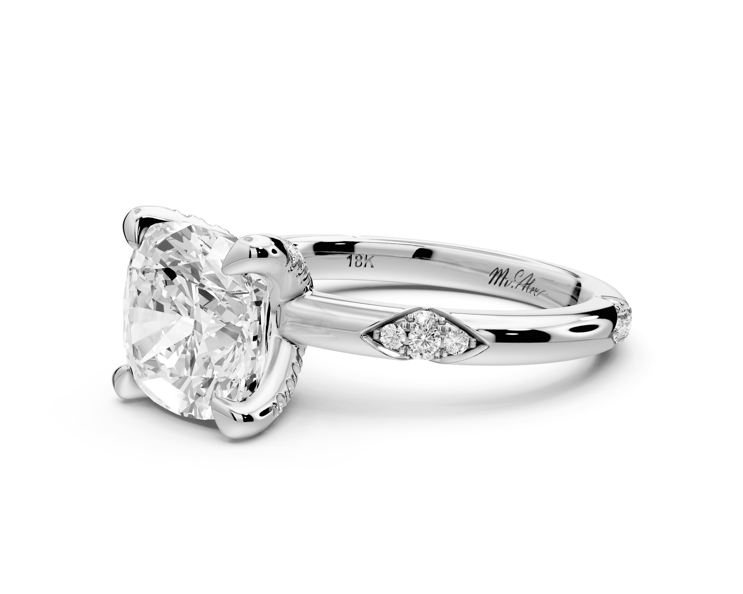 Luna - 3ct platinum cushion Diamond Crown with Flush - Set Diamond Clusters Engagement Ring - Mr. Alex Jewelry