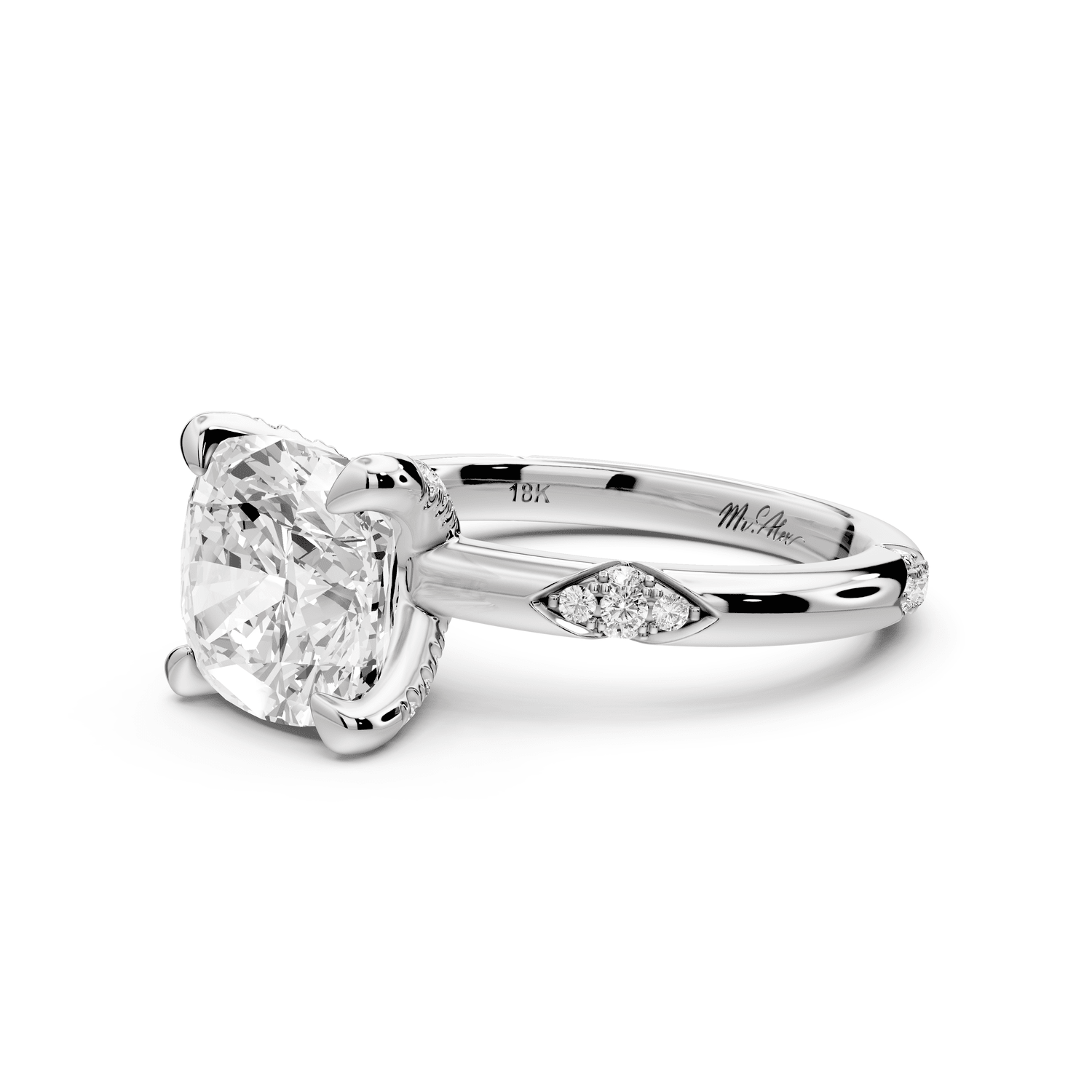 Luna - 3ct platinum cushion Diamond Crown with Flush - Set Diamond Clusters Engagement Ring - Mr. Alex Jewelry