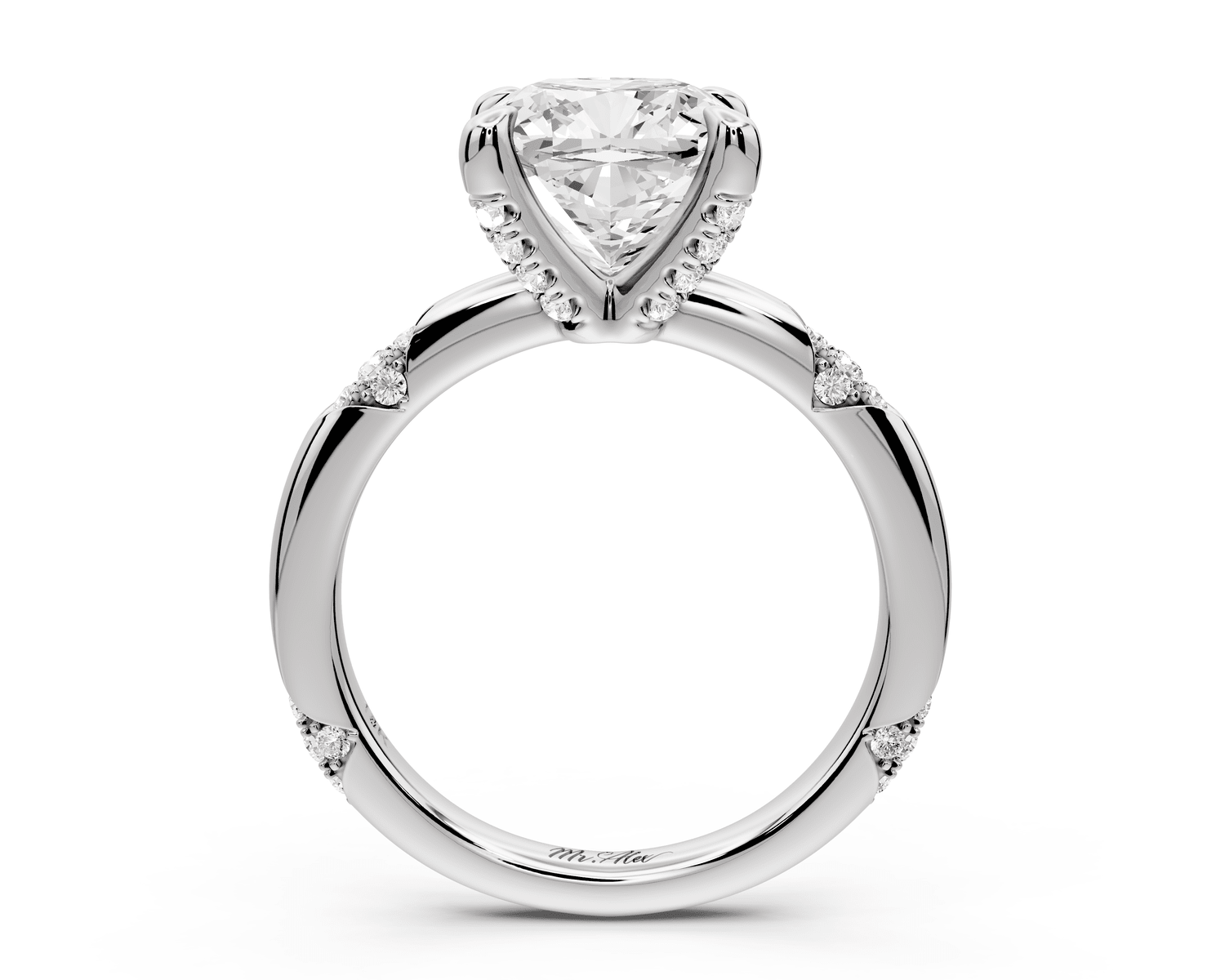 Luna - 3ct platinum cushion Diamond Crown with Flush - Set Diamond Clusters Engagement Ring - Mr. Alex Jewelry