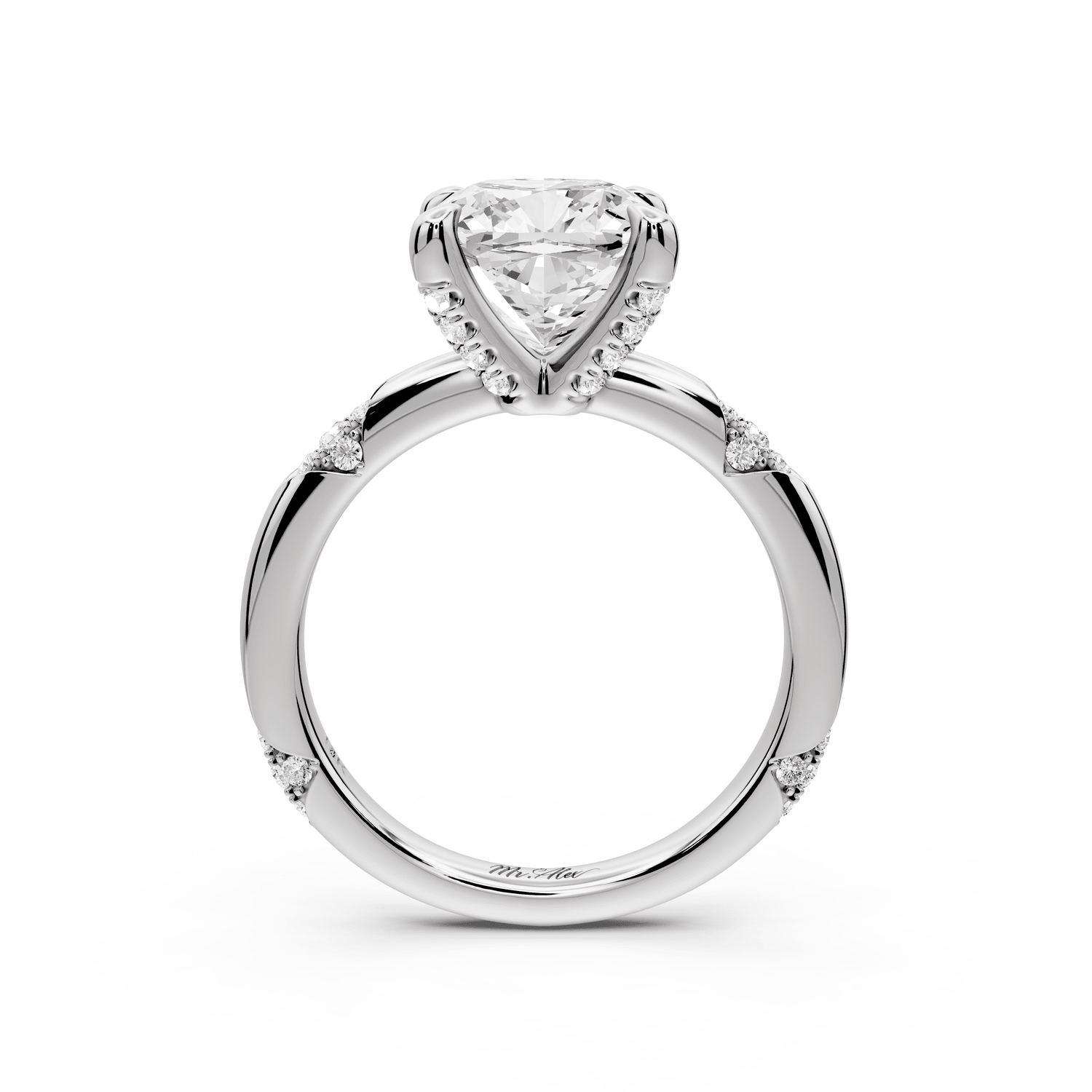 Luna - 3ct platinum cushion Diamond Crown with Flush - Set Diamond Clusters Engagement Ring - Mr. Alex Jewelry