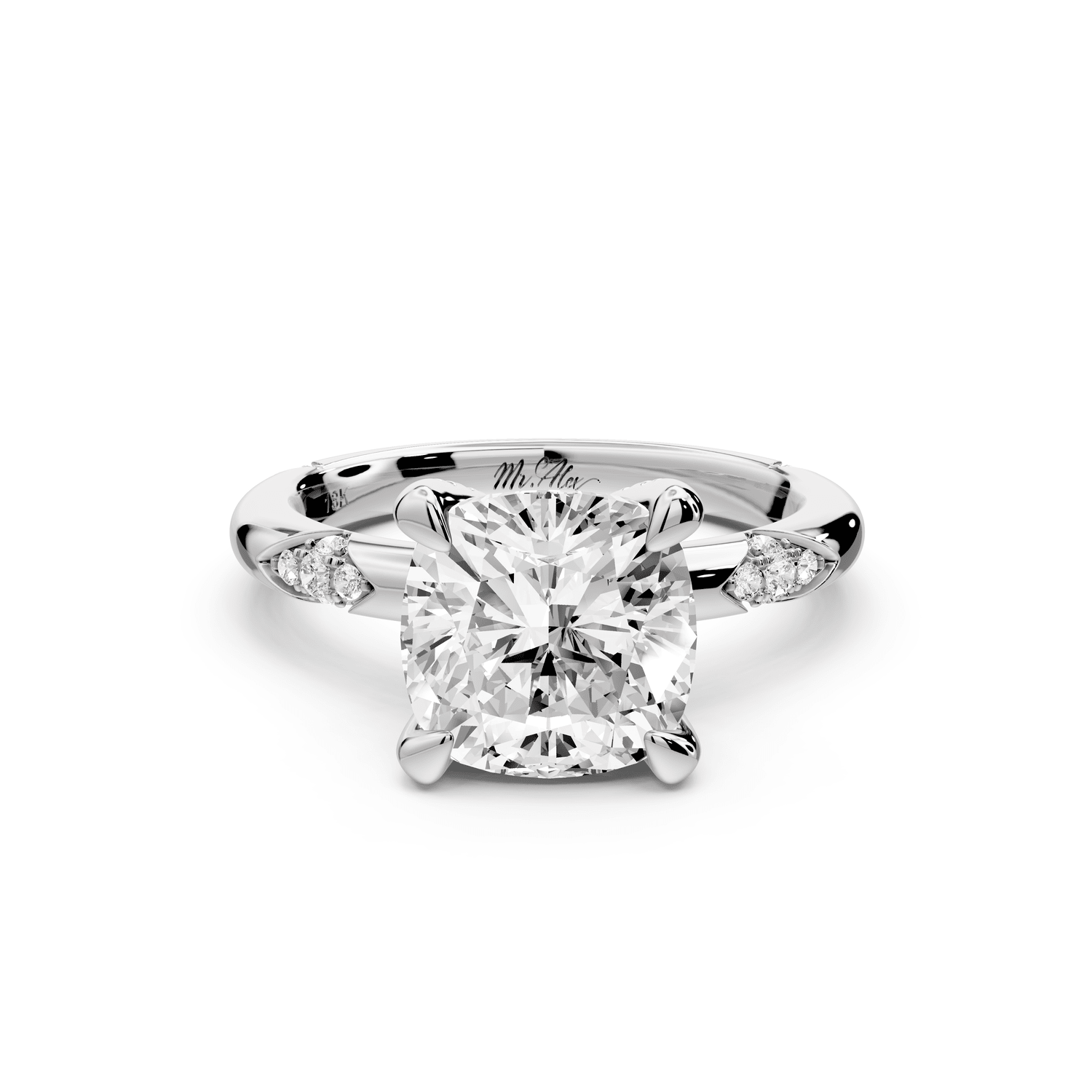 Luna - 3ct platinum cushion Diamond Crown with Flush - Set Diamond Clusters Engagement Ring - Mr. Alex Jewelry