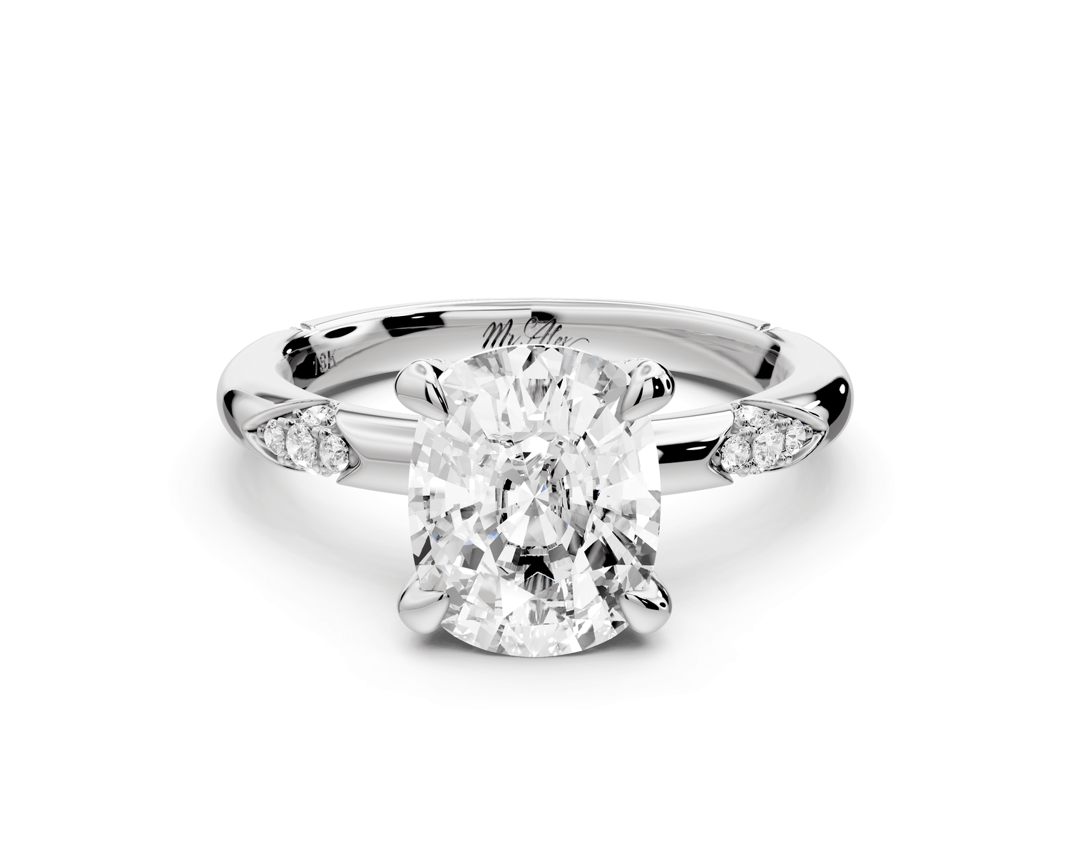 Luna - 3ct platinum ecushion Diamond Crown with Flush - Set Diamond Clusters Engagement Ring - Mr. Alex Jewelry