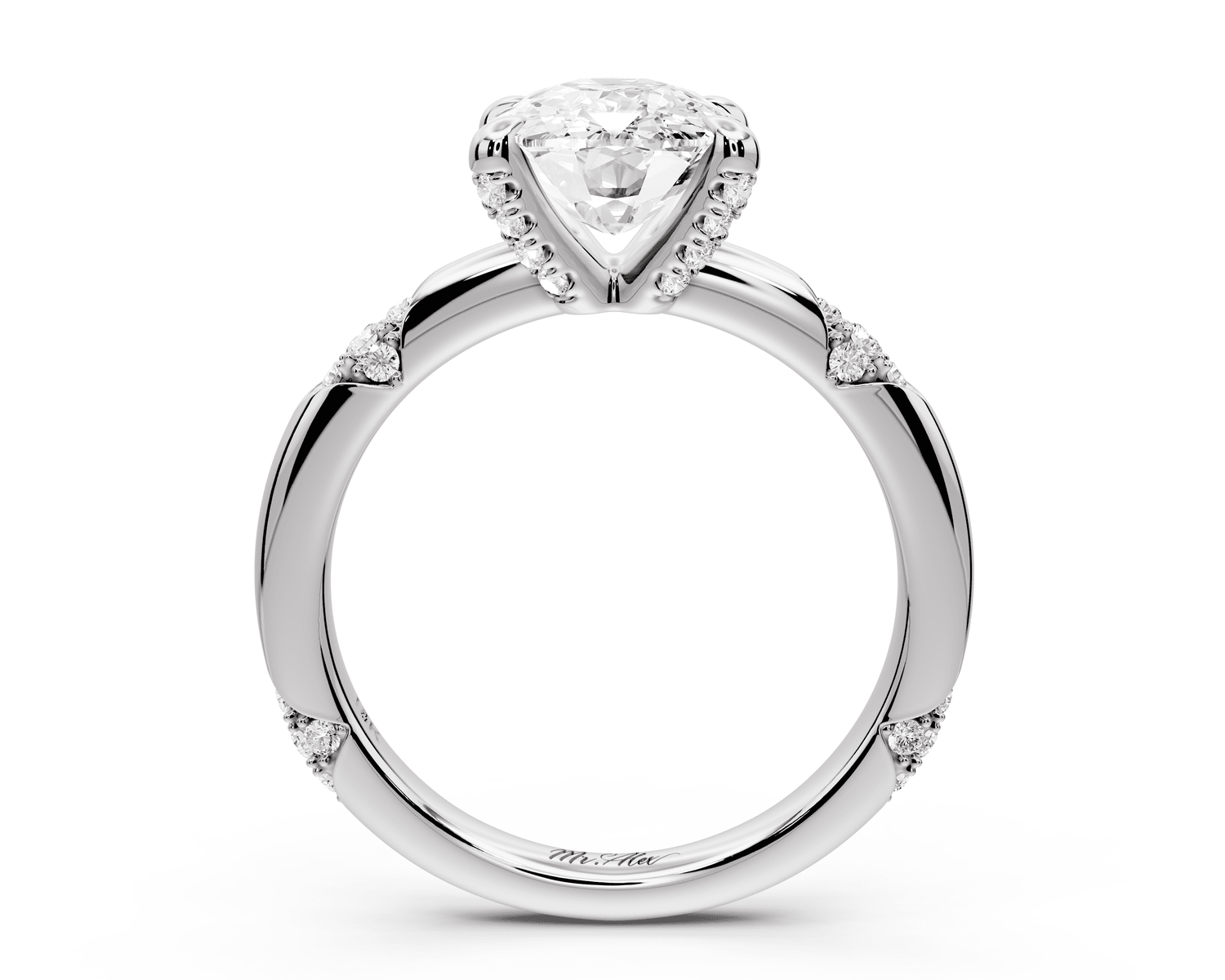 Luna - 3ct platinum ecushion Diamond Crown with Flush - Set Diamond Clusters Engagement Ring - Mr. Alex Jewelry