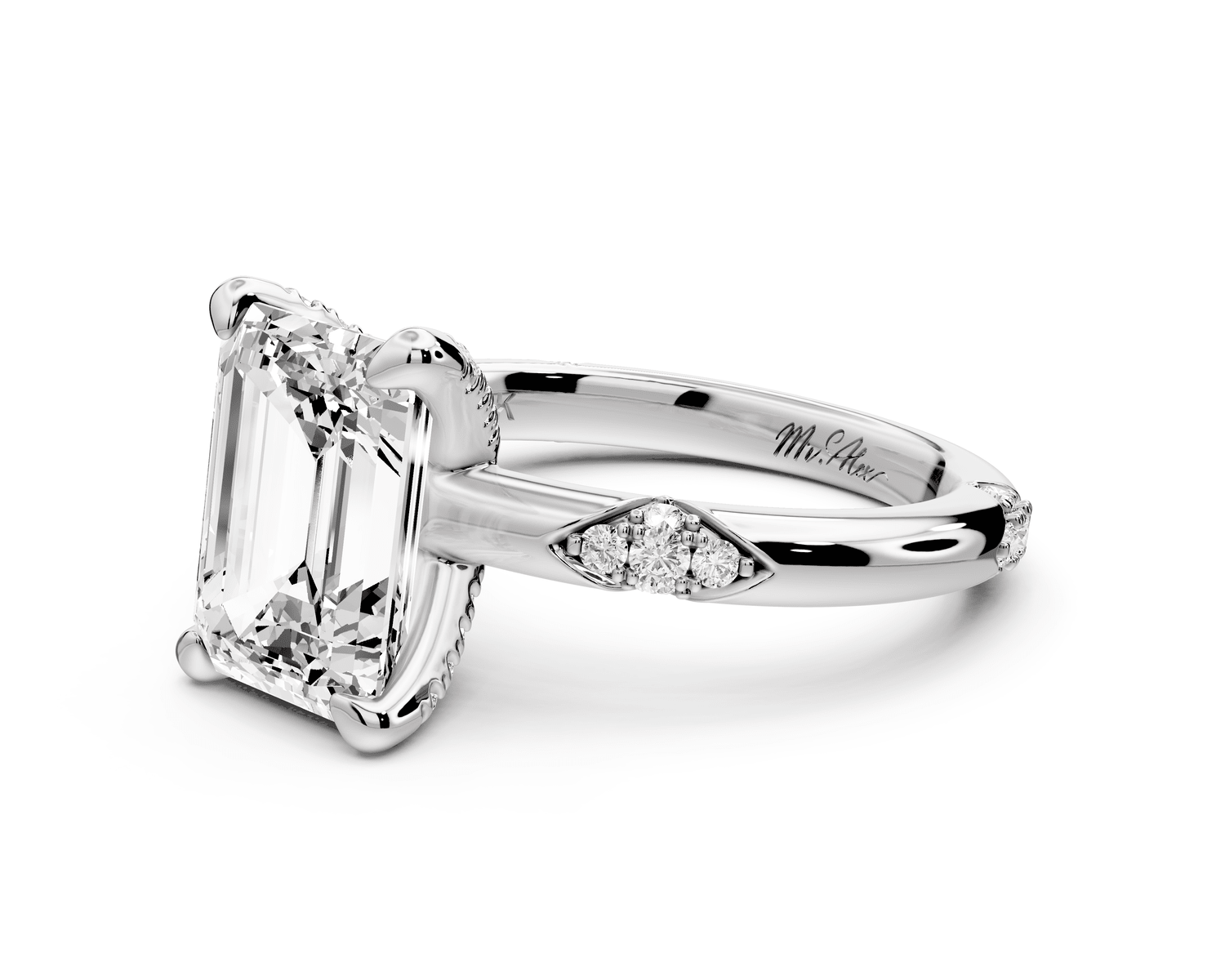 Luna - 3ct platinum emerald Diamond Crown with Flush - Set Diamond Clusters Engagement Ring - Mr. Alex Jewelry