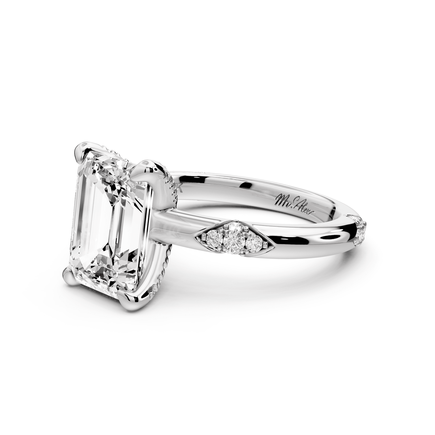 Luna - 3ct platinum emerald Diamond Crown with Flush - Set Diamond Clusters Engagement Ring - Mr. Alex Jewelry