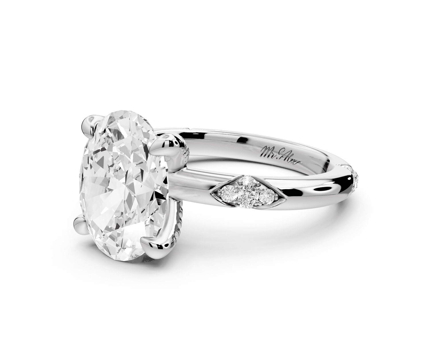 Luna - 3ct platinum oval Diamond Crown with Flush - Set Diamond Clusters Engagement Ring - Mr. Alex Jewelry