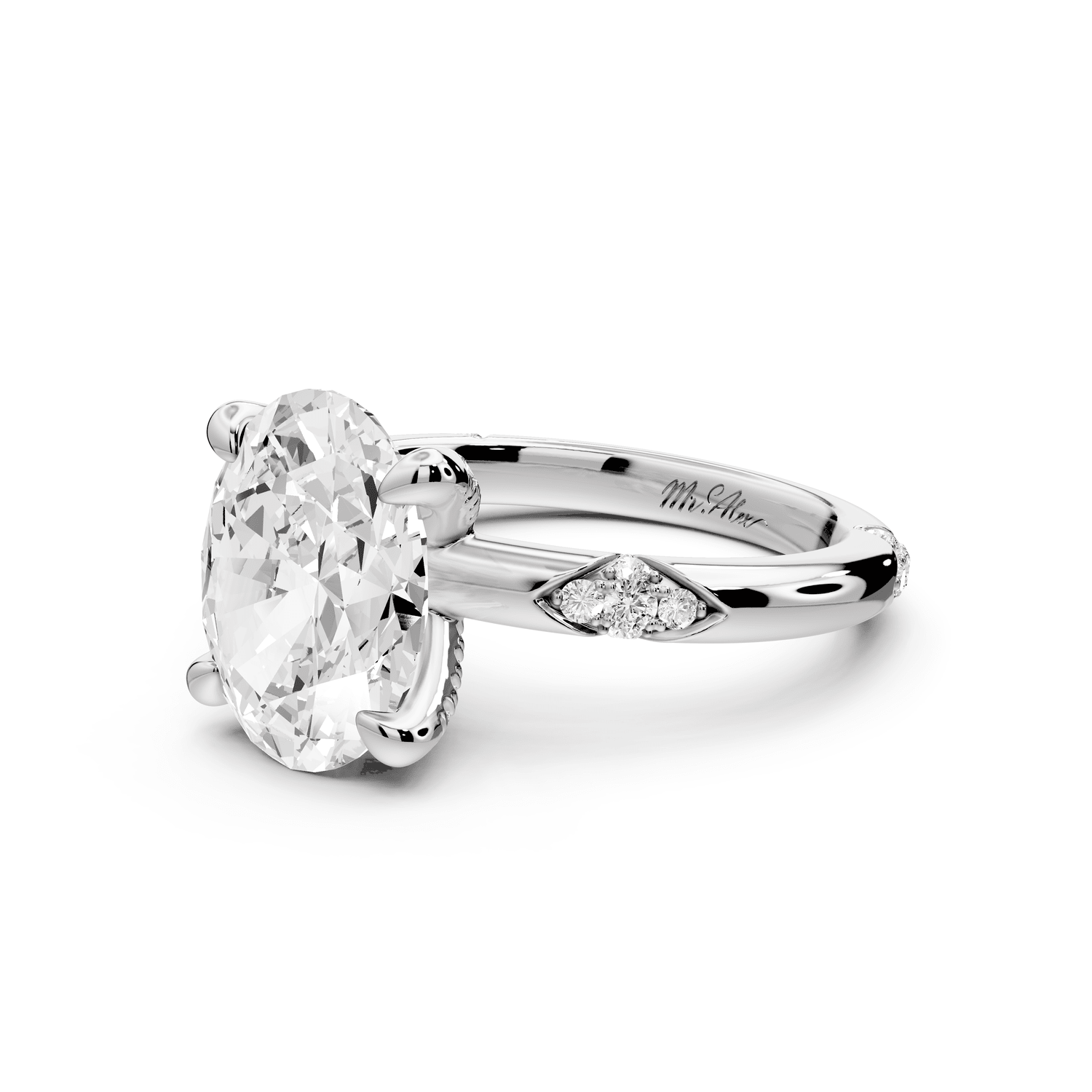 Luna - 3ct platinum oval Diamond Crown with Flush - Set Diamond Clusters Engagement Ring - Mr. Alex Jewelry