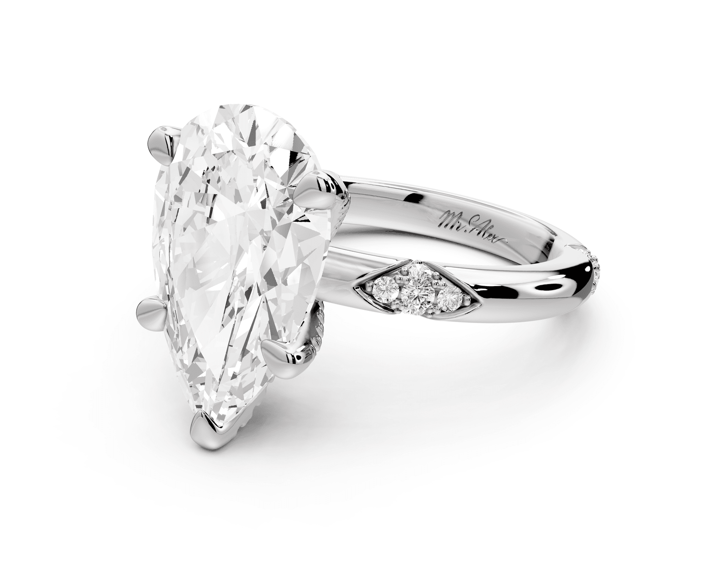 Luna - 3ct platinum pear Diamond Crown with Flush - Set Diamond Clusters Engagement Ring - Mr. Alex Jewelry