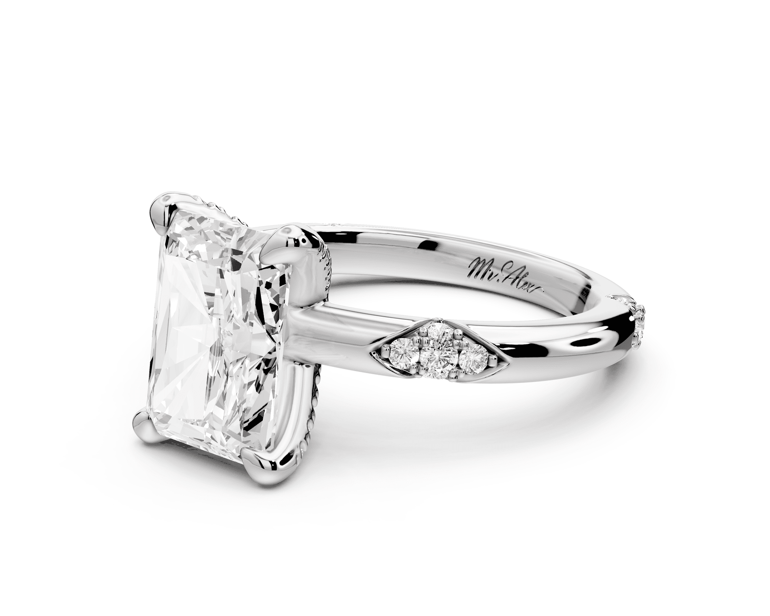 Luna - 3ct platinum radiant Diamond Crown with Flush - Set Diamond Clusters Engagement Ring - Mr. Alex Jewelry