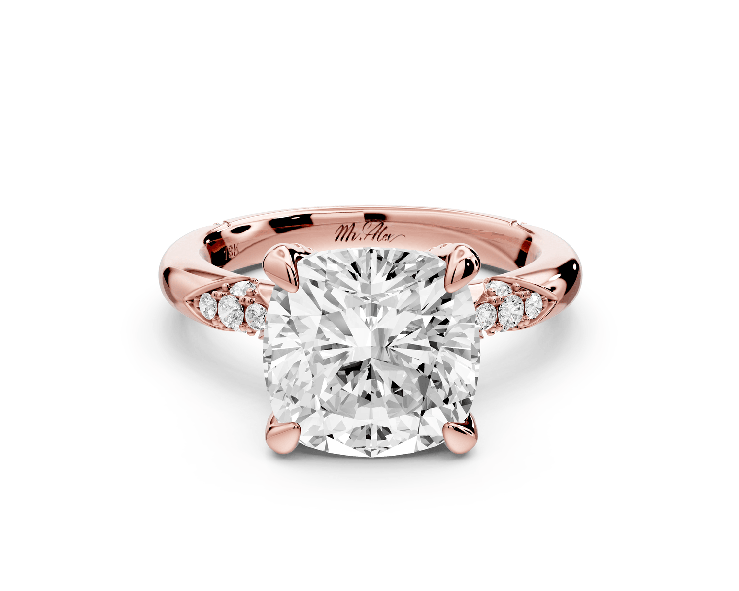 Luna - 4ct 14k rose gold cushion Diamond Crown with Flush - Set Diamond Clusters Engagement Ring - Mr. Alex Jewelry