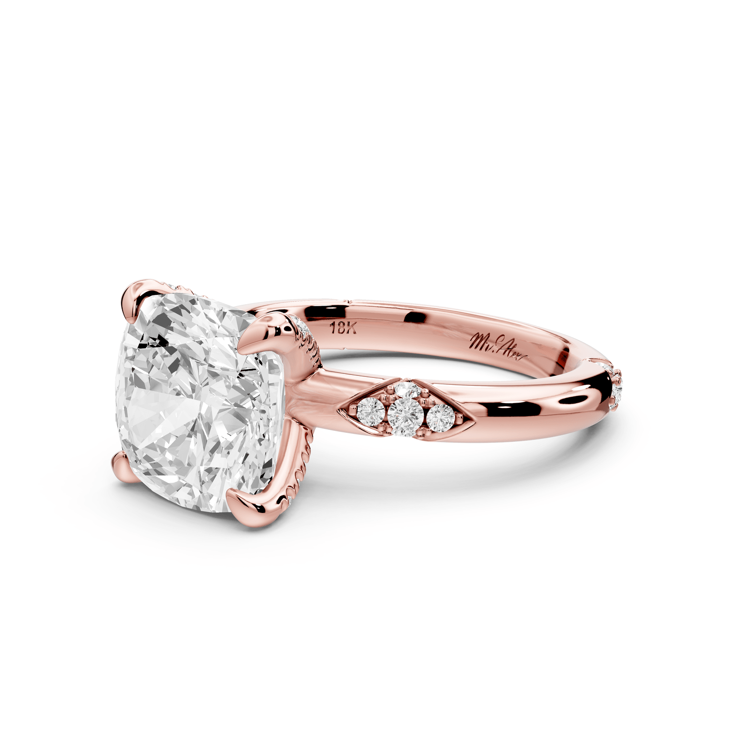 Luna - 4ct 14k rose gold cushion Diamond Crown with Flush - Set Diamond Clusters Engagement Ring - Mr. Alex Jewelry