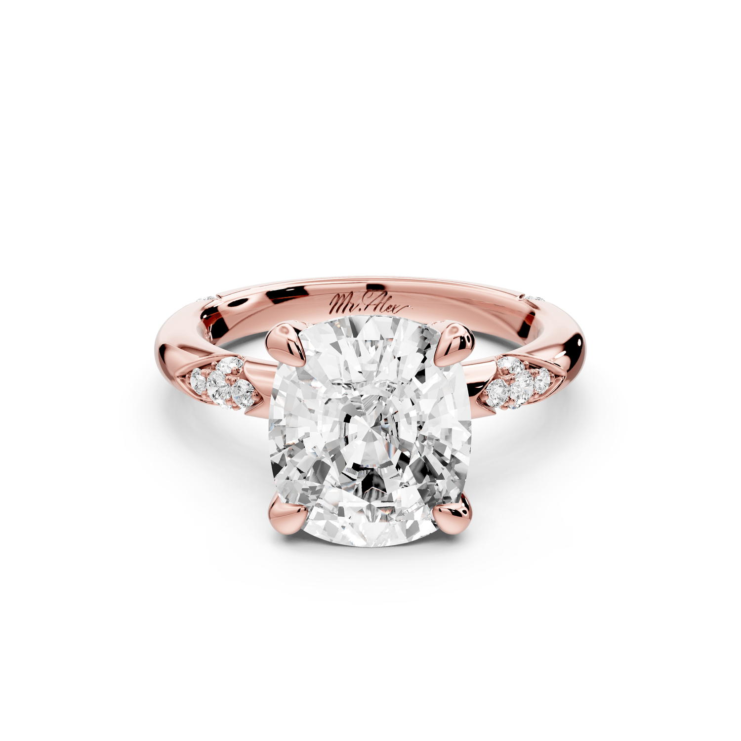 Luna - 4ct 14k rose gold ecushion Diamond Crown with Flush - Set Diamond Clusters Engagement Ring - Mr. Alex Jewelry