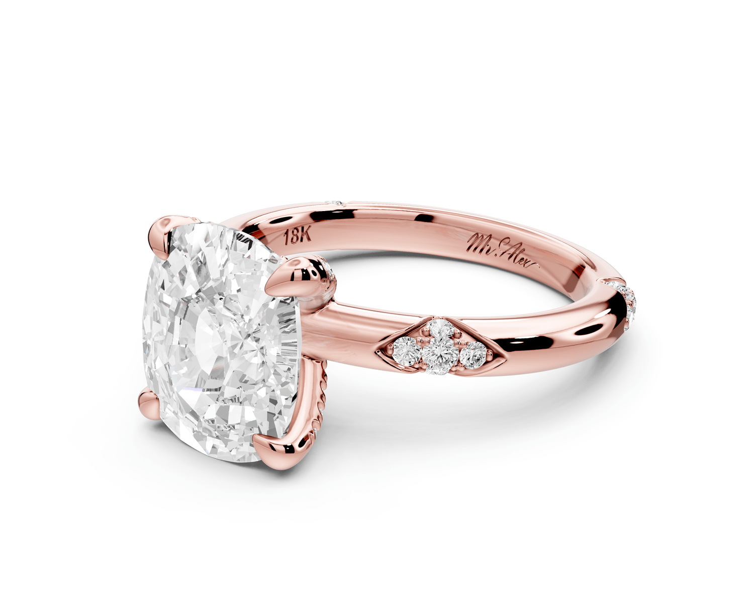 Luna - 4ct 14k rose gold ecushion Diamond Crown with Flush - Set Diamond Clusters Engagement Ring - Mr. Alex Jewelry