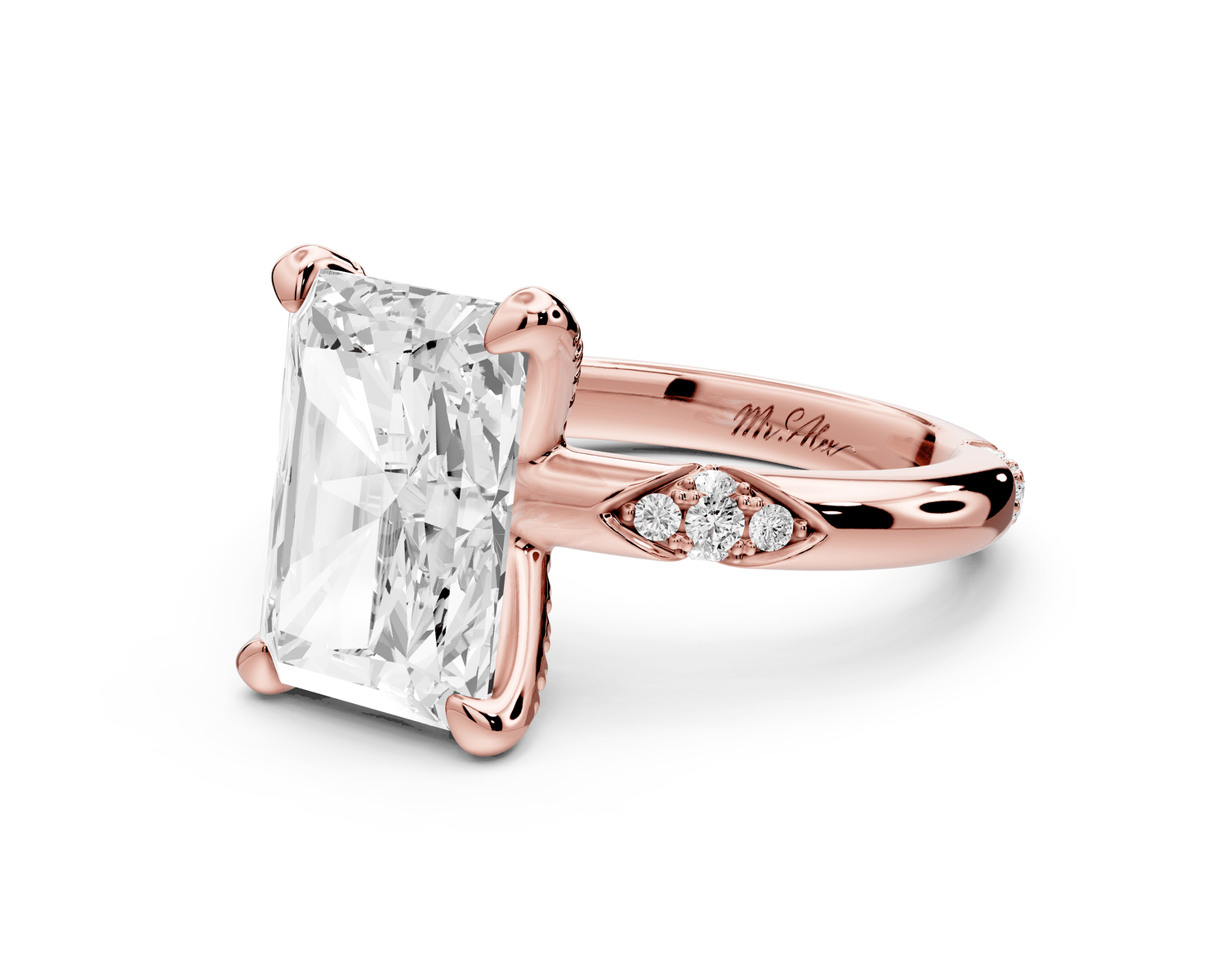 Luna - 4ct 14k rose gold radiant Diamond Crown with Flush - Set Diamond Clusters Engagement Ring - Mr. Alex Jewelry