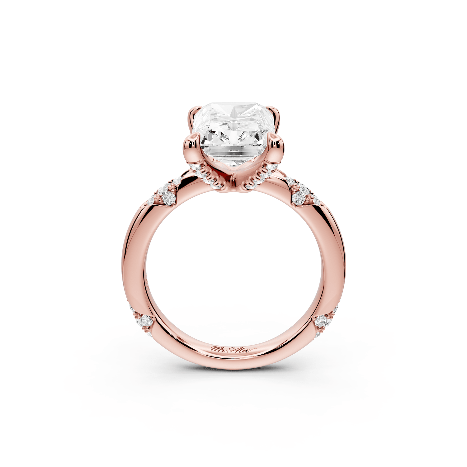 Luna - 4ct 14k rose gold radiant Diamond Crown with Flush - Set Diamond Clusters Engagement Ring - Mr. Alex Jewelry