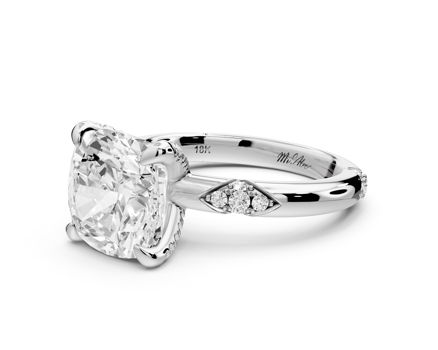 Luna - 4ct 14k white gold cushion Diamond Crown with Flush - Set Diamond Clusters Engagement Ring - Mr. Alex Jewelry