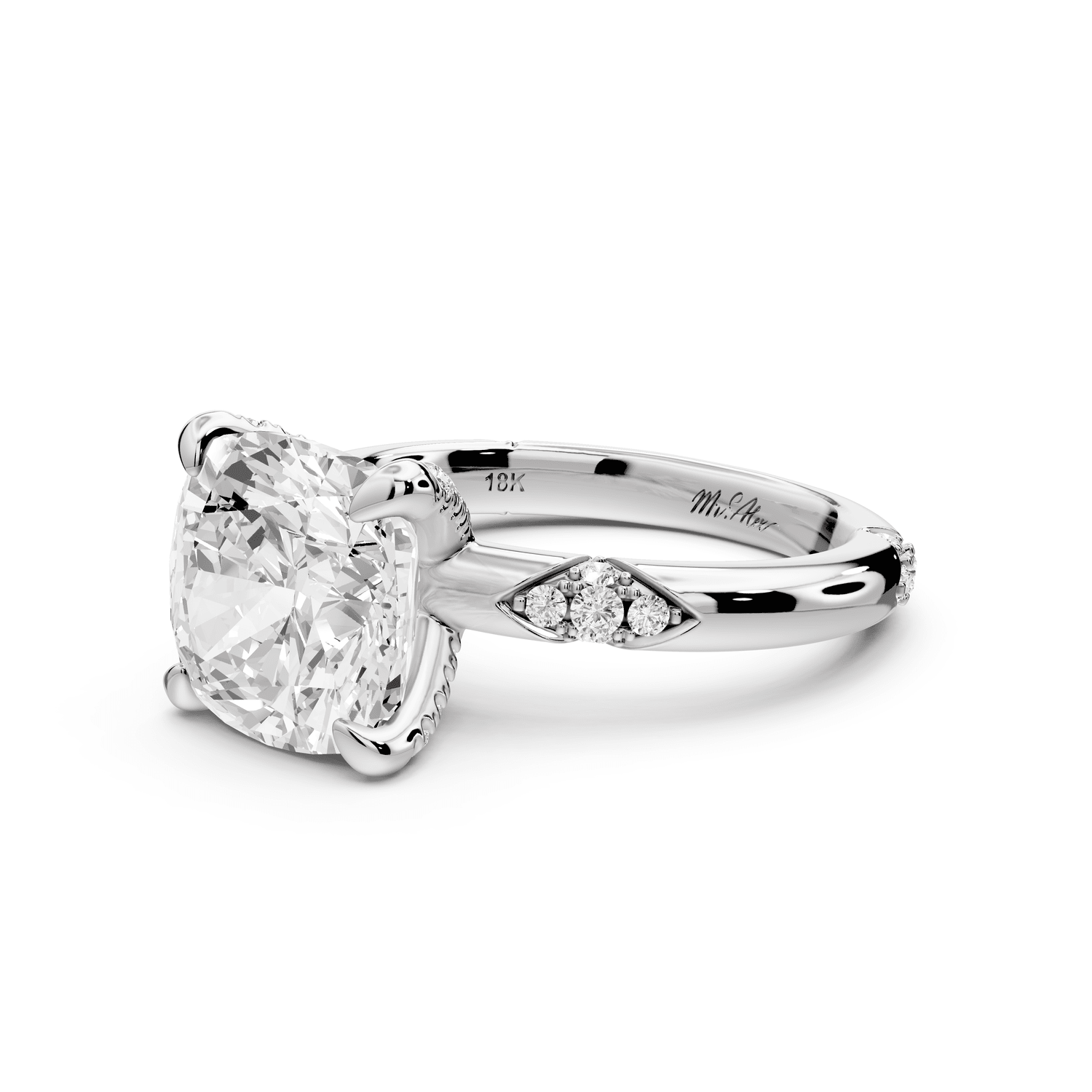 Luna - 4ct 14k white gold cushion Diamond Crown with Flush - Set Diamond Clusters Engagement Ring - Mr. Alex Jewelry