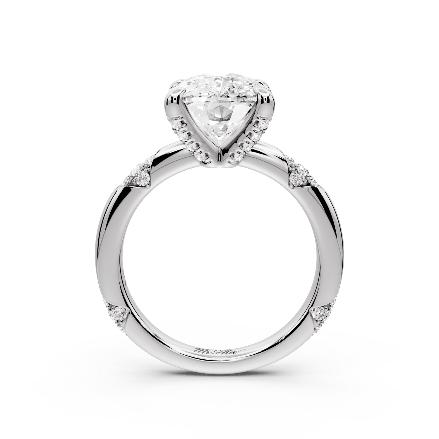 Luna - 4ct 14k white gold ecushion Diamond Crown with Flush - Set Diamond Clusters Engagement Ring - Mr. Alex Jewelry