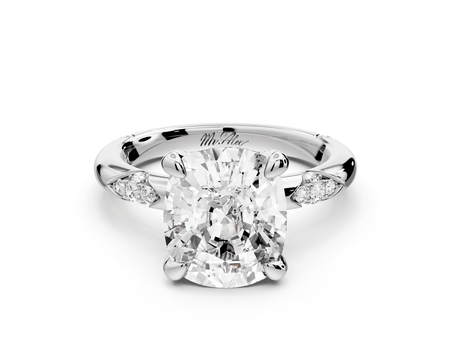 Luna - 4ct 14k white gold ecushion Diamond Crown with Flush - Set Diamond Clusters Engagement Ring - Mr. Alex Jewelry