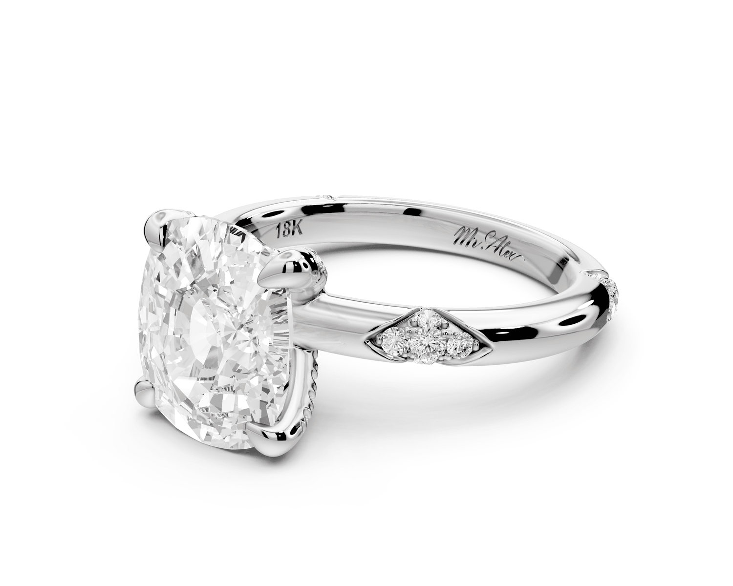 Luna - 4ct 14k white gold ecushion Diamond Crown with Flush - Set Diamond Clusters Engagement Ring - Mr. Alex Jewelry
