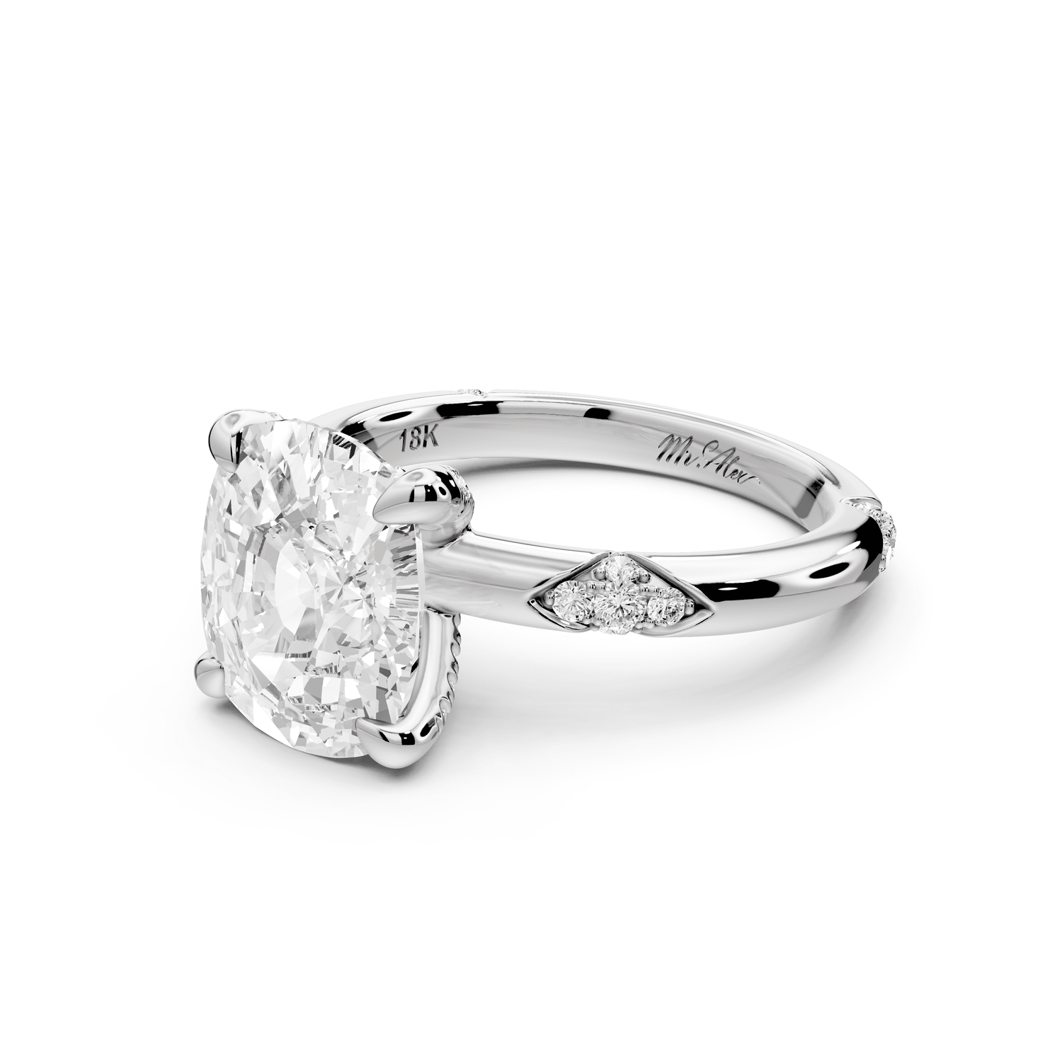 Luna - 4ct 14k white gold ecushion Diamond Crown with Flush - Set Diamond Clusters Engagement Ring - Mr. Alex Jewelry