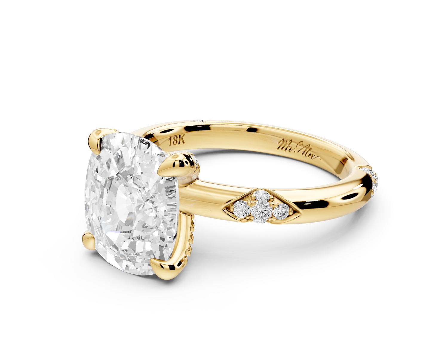 Luna - 4ct 14k yellow gold ecushion Diamond Crown with Flush - Set Diamond Clusters Engagement Ring - Mr. Alex Jewelry