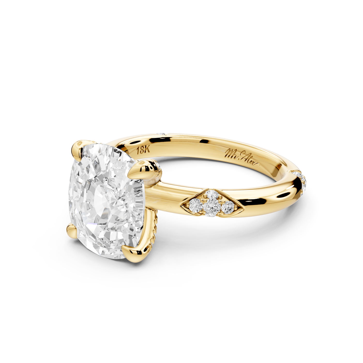Luna - 4ct 14k yellow gold ecushion Diamond Crown with Flush - Set Diamond Clusters Engagement Ring - Mr. Alex Jewelry