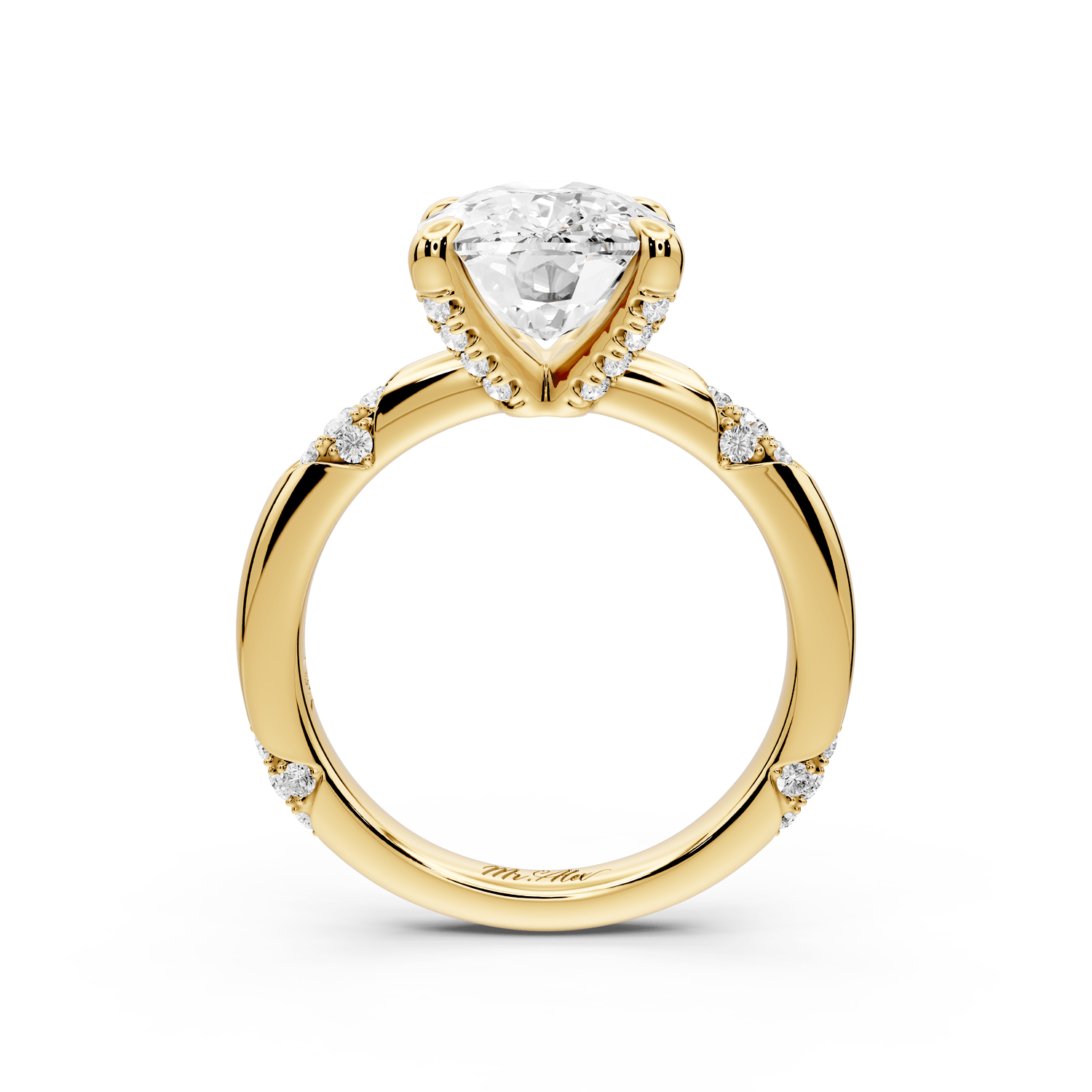 Luna - 4ct 14k yellow gold ecushion Diamond Crown with Flush - Set Diamond Clusters Engagement Ring - Mr. Alex Jewelry