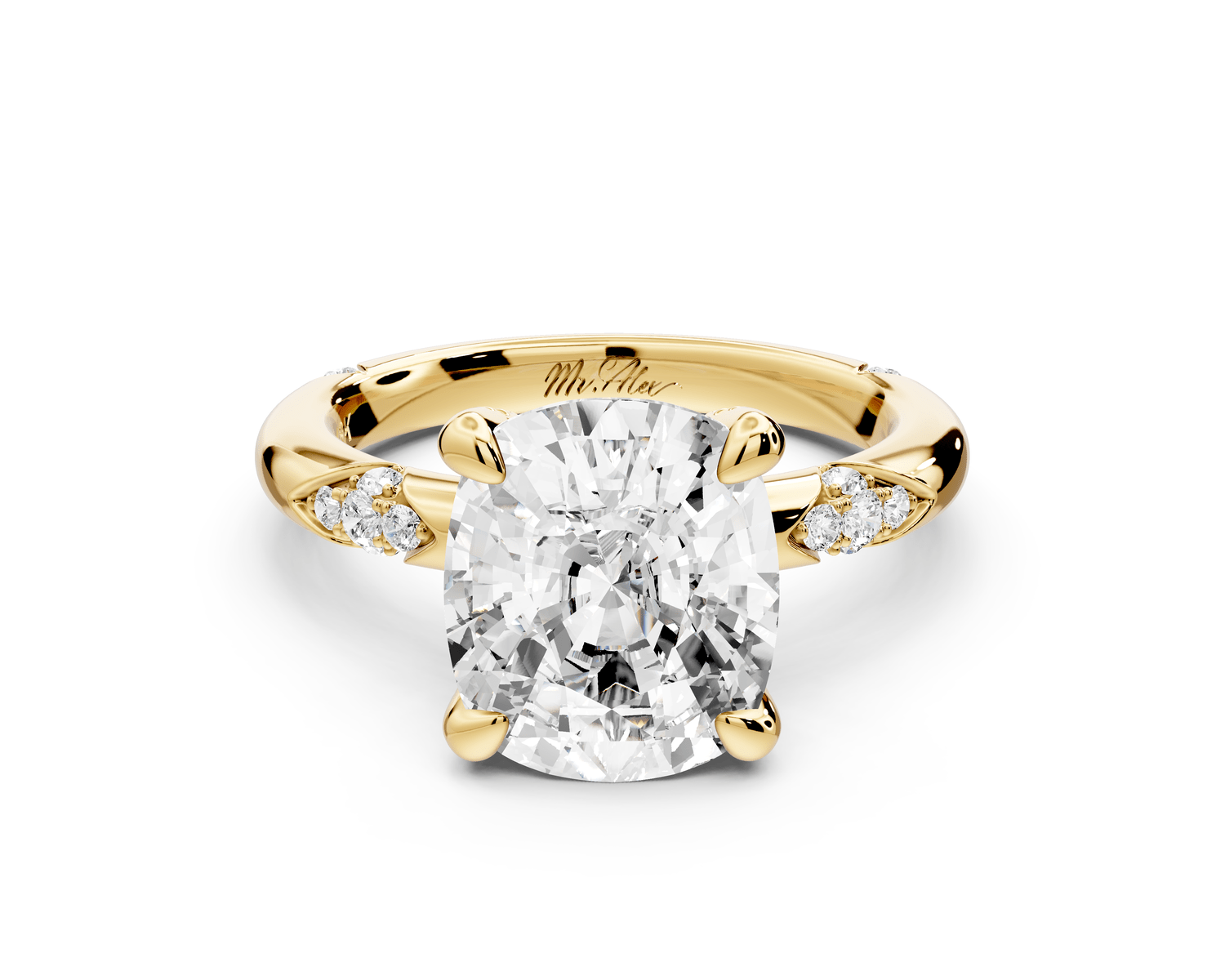 Luna - 4ct 14k yellow gold ecushion Diamond Crown with Flush - Set Diamond Clusters Engagement Ring - Mr. Alex Jewelry