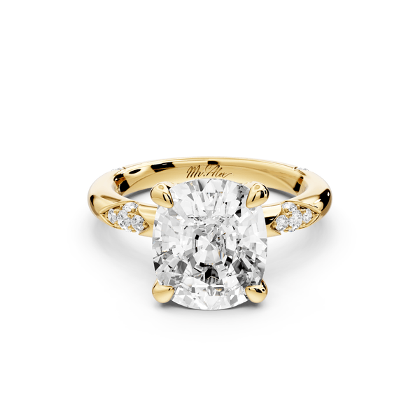 Luna - 4ct 14k yellow gold ecushion Diamond Crown with Flush - Set Diamond Clusters Engagement Ring - Mr. Alex Jewelry