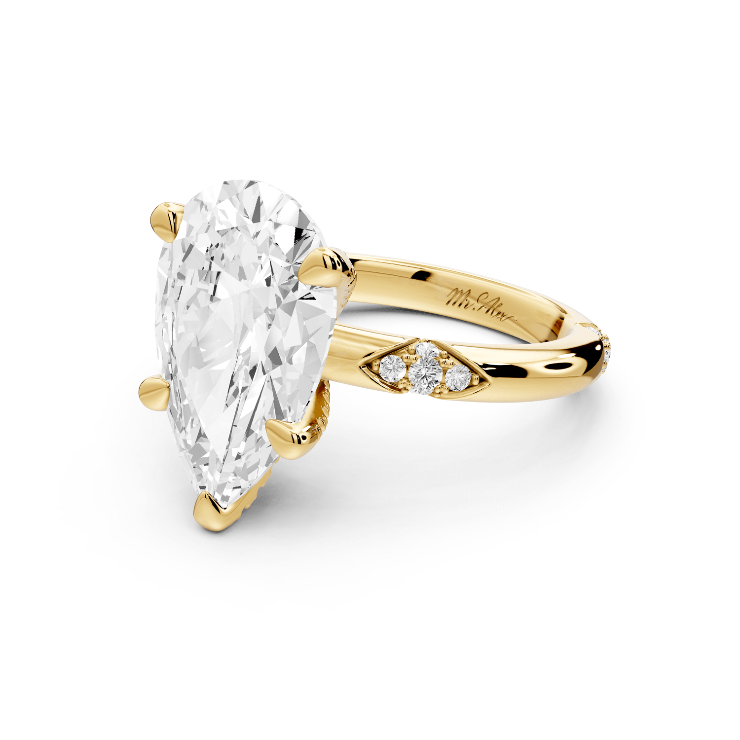 Luna - 4ct 14k yellow gold pear Diamond Crown with Flush - Set Diamond Clusters Engagement Ring - Mr. Alex Jewelry