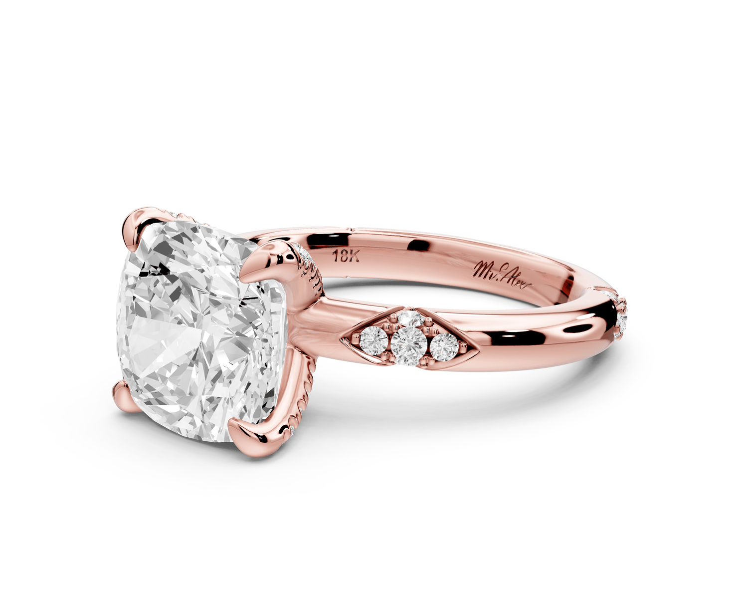Luna - 4ct 18k rose gold cushion Diamond Crown with Flush - Set Diamond Clusters Engagement Ring - Mr. Alex Jewelry