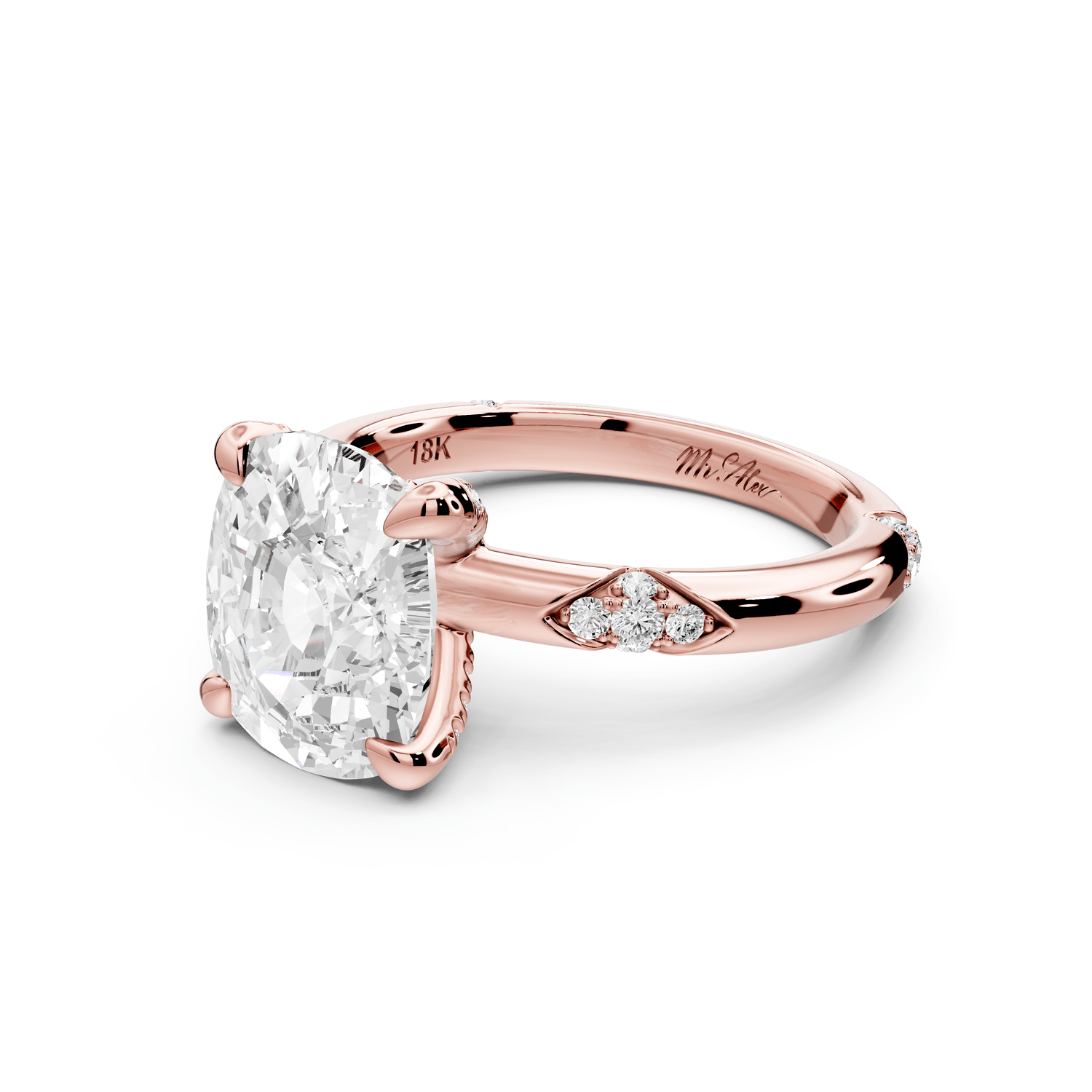 Luna - 4ct 18k rose gold ecushion Diamond Crown with Flush - Set Diamond Clusters Engagement Ring - Mr. Alex Jewelry