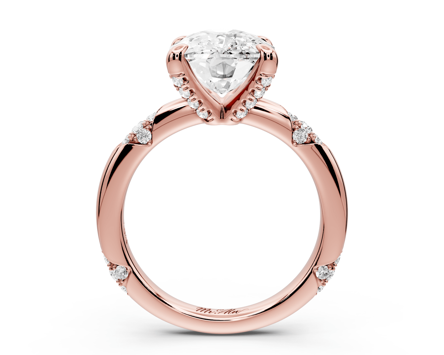 Luna - 4ct 18k rose gold ecushion Diamond Crown with Flush - Set Diamond Clusters Engagement Ring - Mr. Alex Jewelry