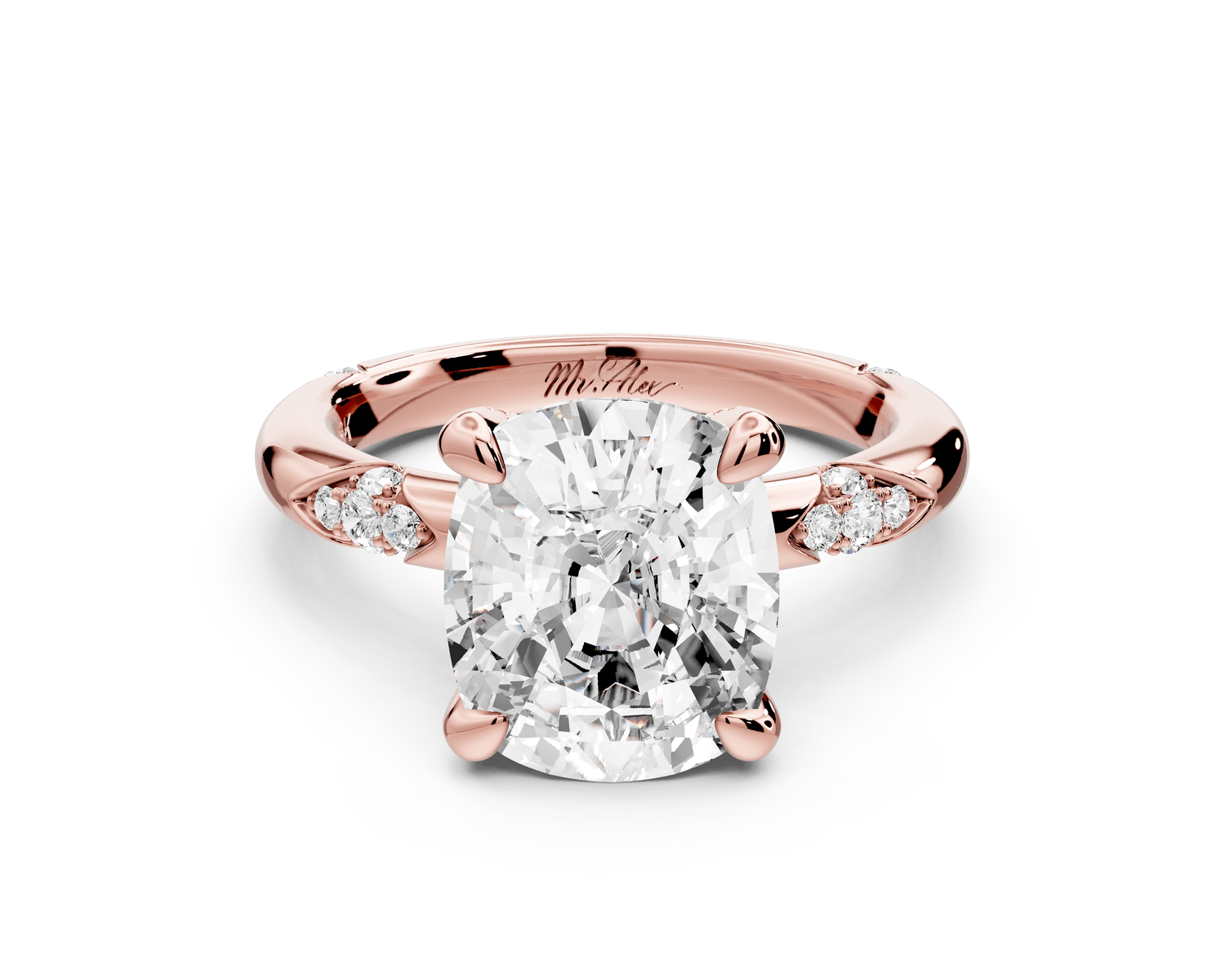 Luna - 4ct 18k rose gold ecushion Diamond Crown with Flush - Set Diamond Clusters Engagement Ring - Mr. Alex Jewelry