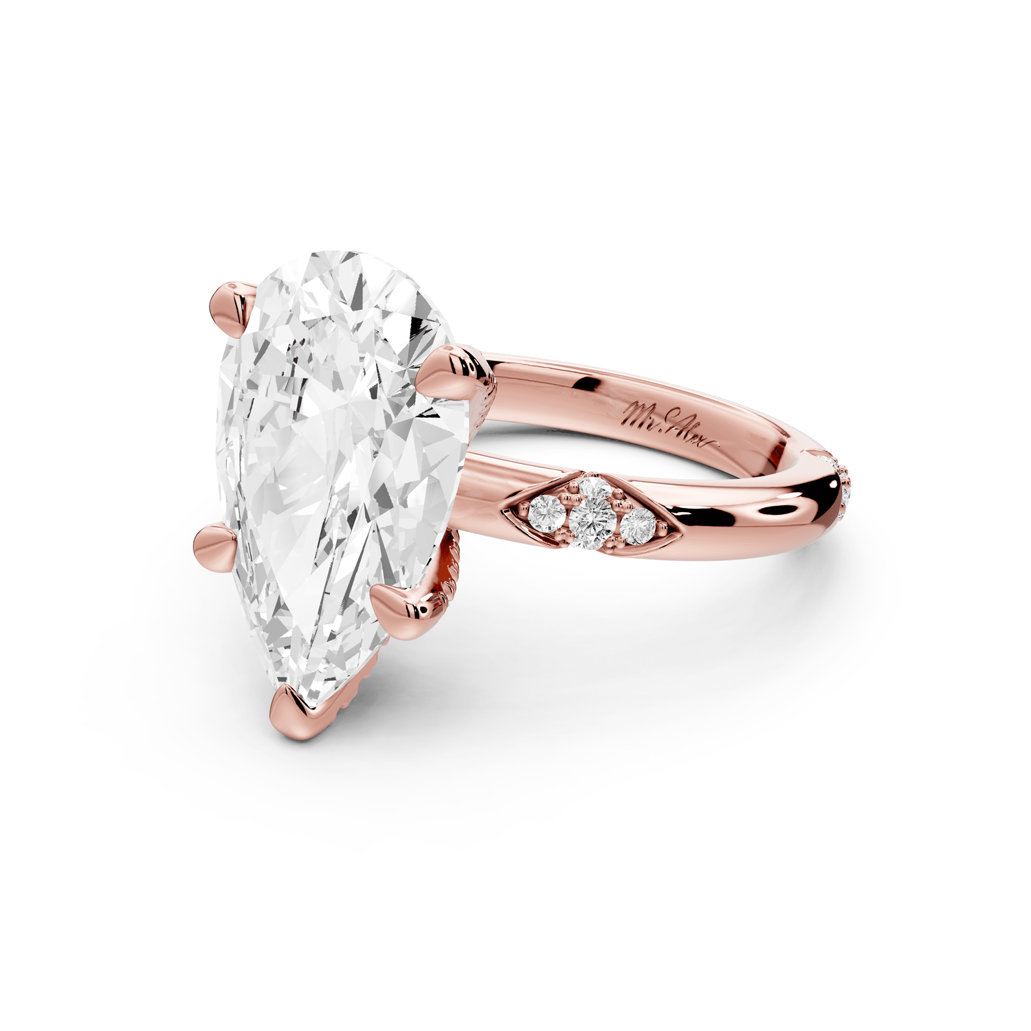Luna - 4ct 18k rose gold pear Diamond Crown with Flush - Set Diamond Clusters Engagement Ring - Mr. Alex Jewelry