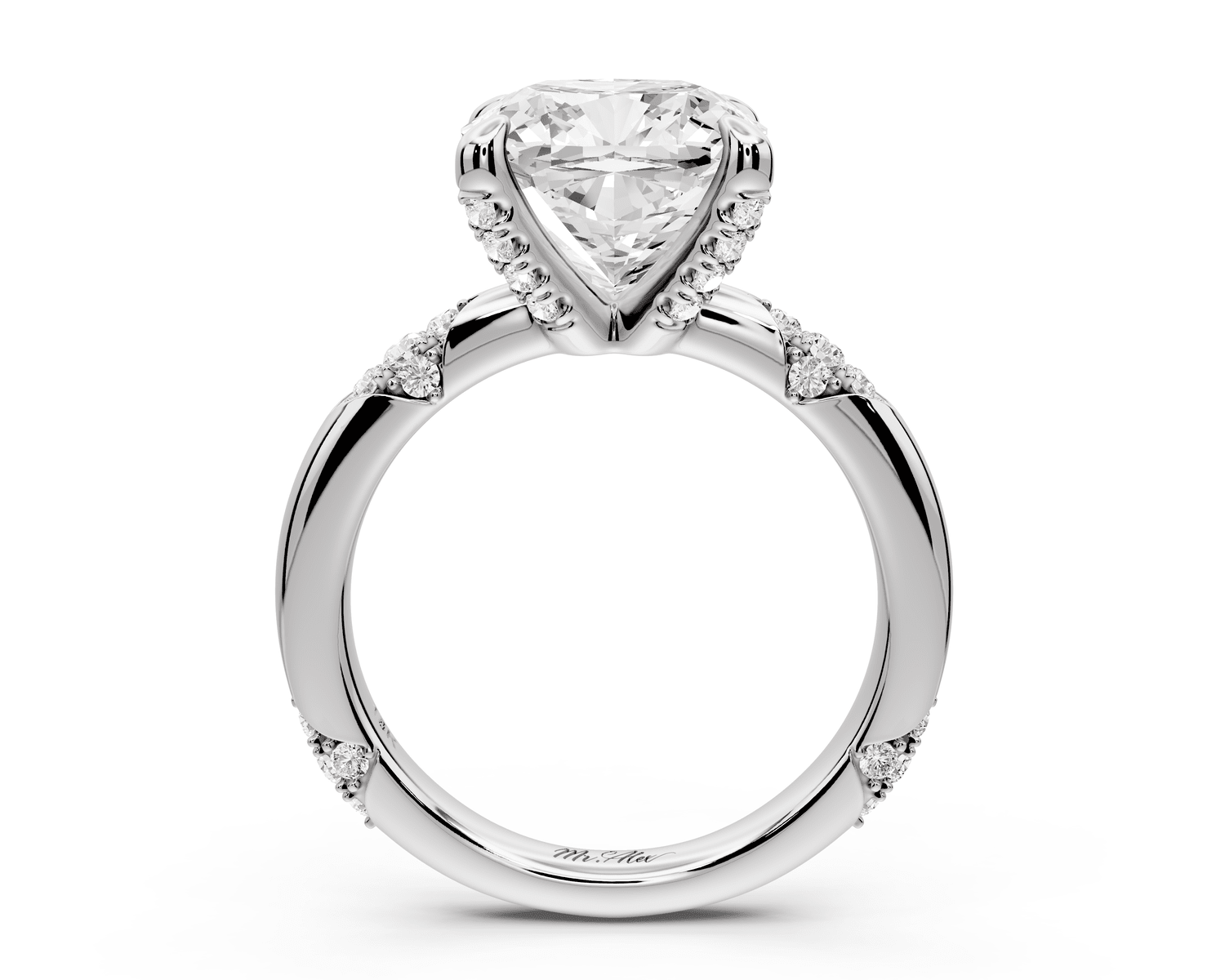 Luna - 4ct 18k white gold cushion Diamond Crown with Flush - Set Diamond Clusters Engagement Ring - Mr. Alex Jewelry