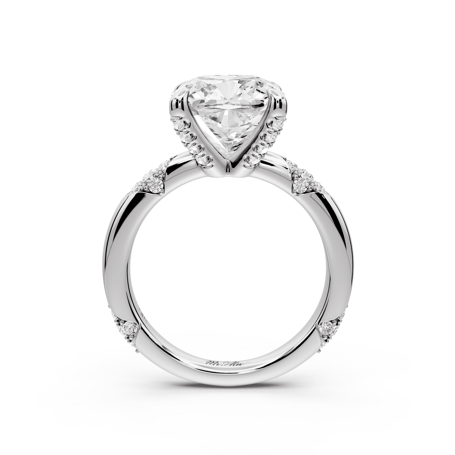 Luna - 4ct 18k white gold cushion Diamond Crown with Flush - Set Diamond Clusters Engagement Ring - Mr. Alex Jewelry
