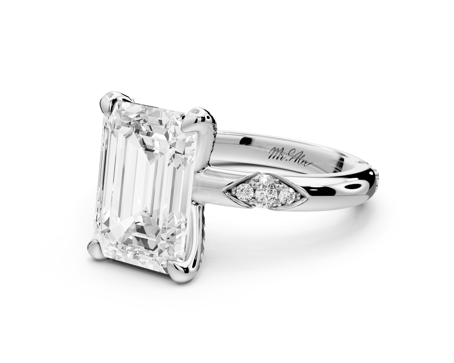 Luna - 4ct 18k white gold emerald Diamond Crown with Flush - Set Diamond Clusters Engagement Ring - Mr. Alex Jewelry