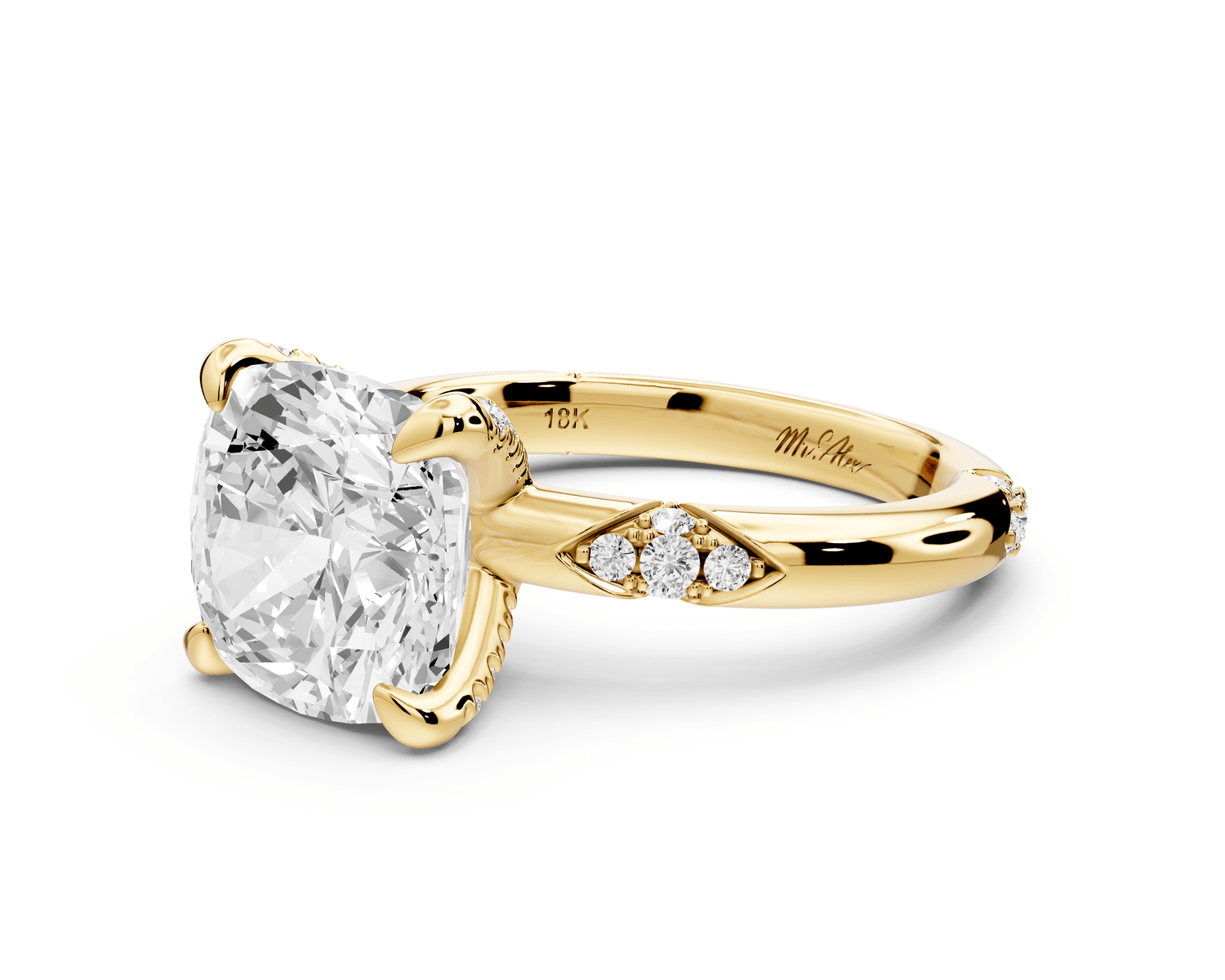 Luna - 4ct 18k yellow gold cushion Diamond Crown with Flush - Set Diamond Clusters Engagement Ring - Mr. Alex Jewelry